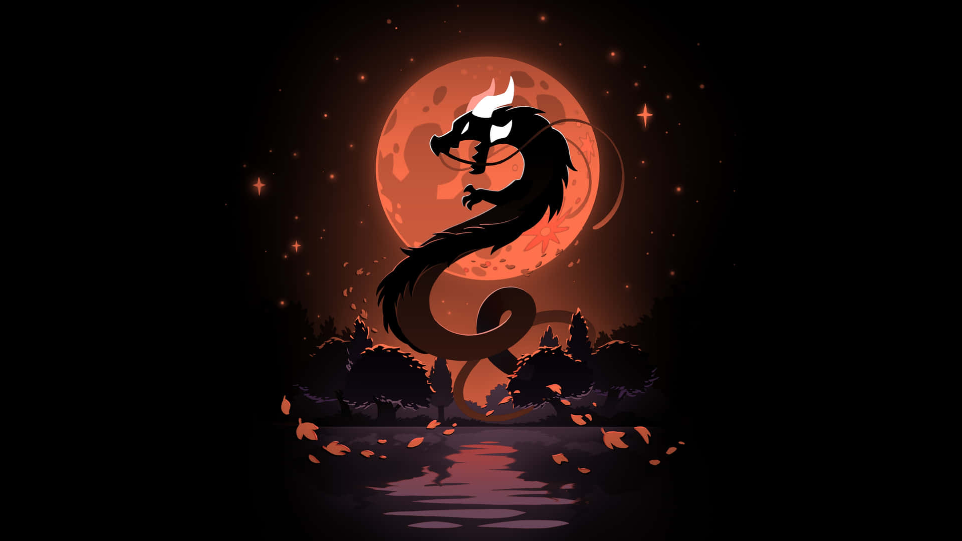  壁紙 — 一個帶有白色角的黑色龍剪影，在黑暗森林和反射水面上，盤繞在發光的橙色滿月前。