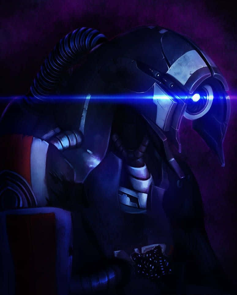 Mass Effect Legion 桌布 壁紙 — 一個帶有發光藍色眼睛的威脅性裝甲機械人，在深紫色背景上投射出激光束。