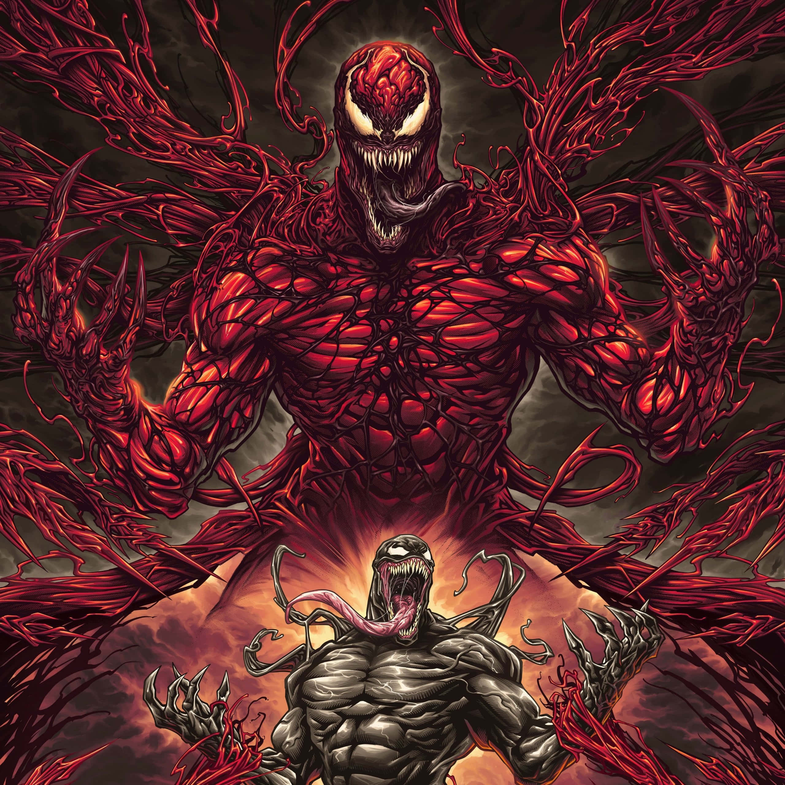 Venom Comic Book 桌布 壁紙 — 一個帶有鋒利爪子和發光眼睛的威脅性紅色共生體生物，在熾熱的背景中俯視著一個較小的黑色共生體。