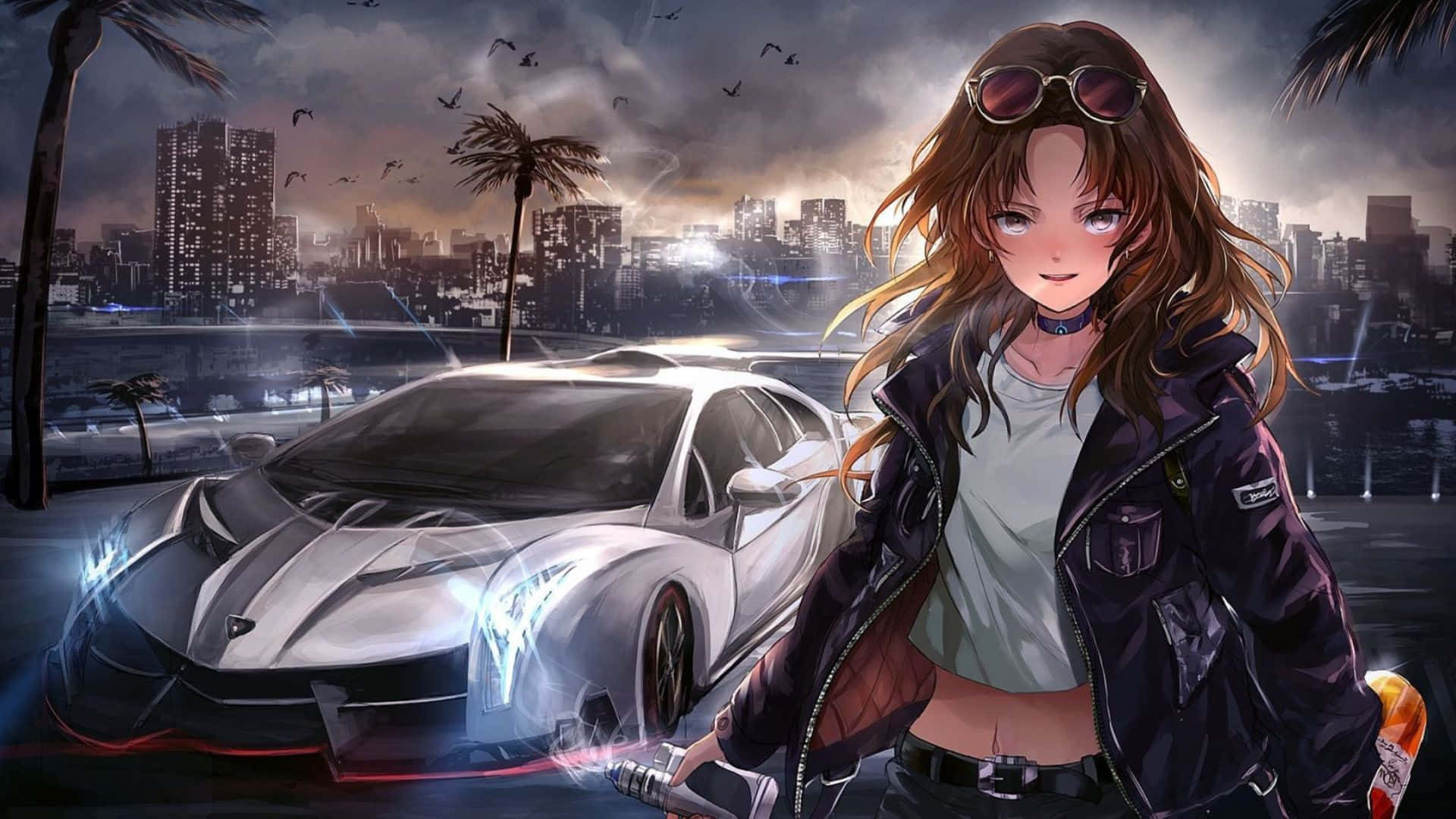  壁紙 — 一個戴著護目鏡的時尚動漫女孩，在黃昏時分霓虹燈閃爍的城市天際線旁，站在一輛發光的跑車旁邊。