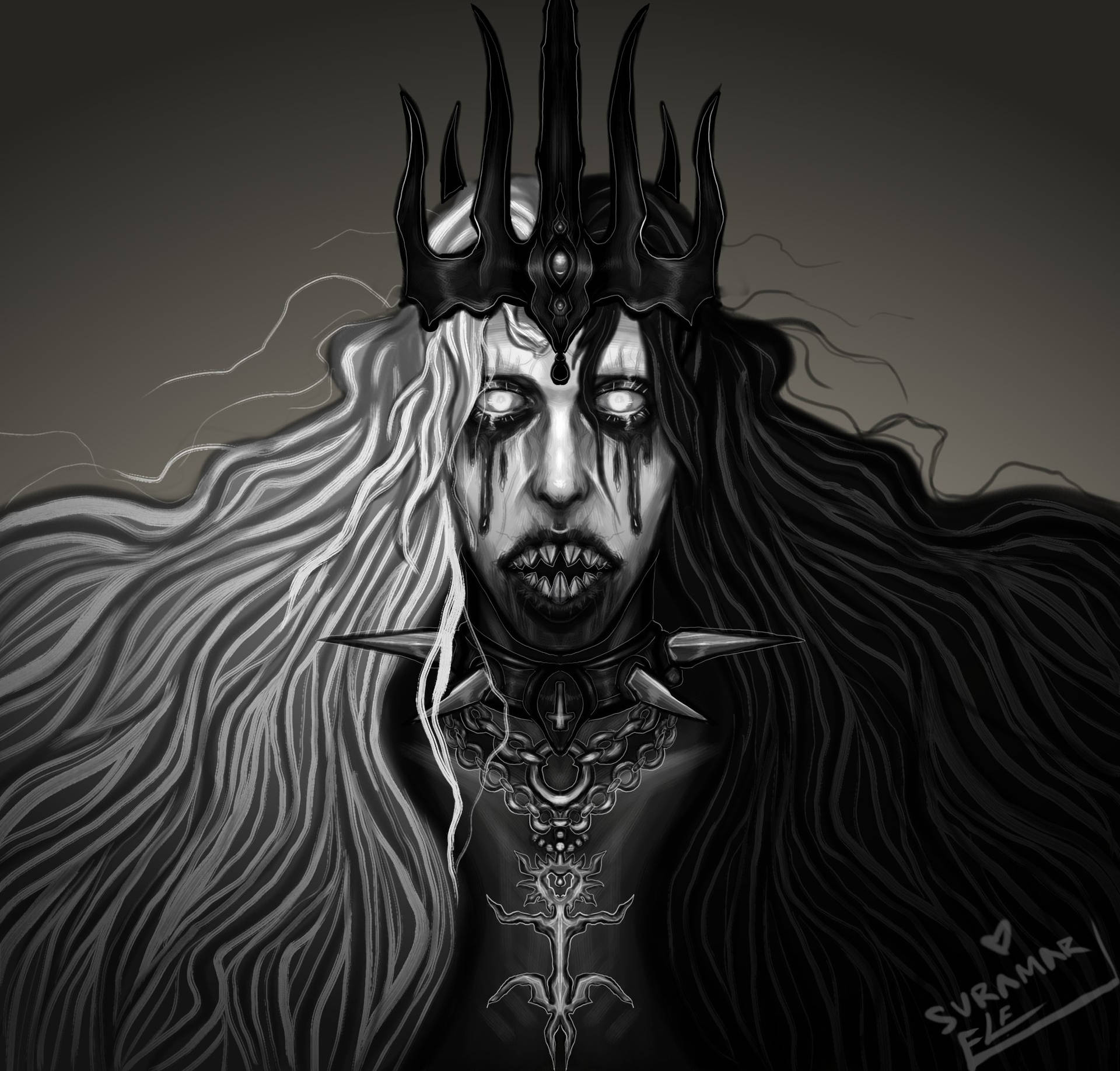 一個戴著尖刺皇冠、眼睛發光的惡魔人物的黑白插圖。