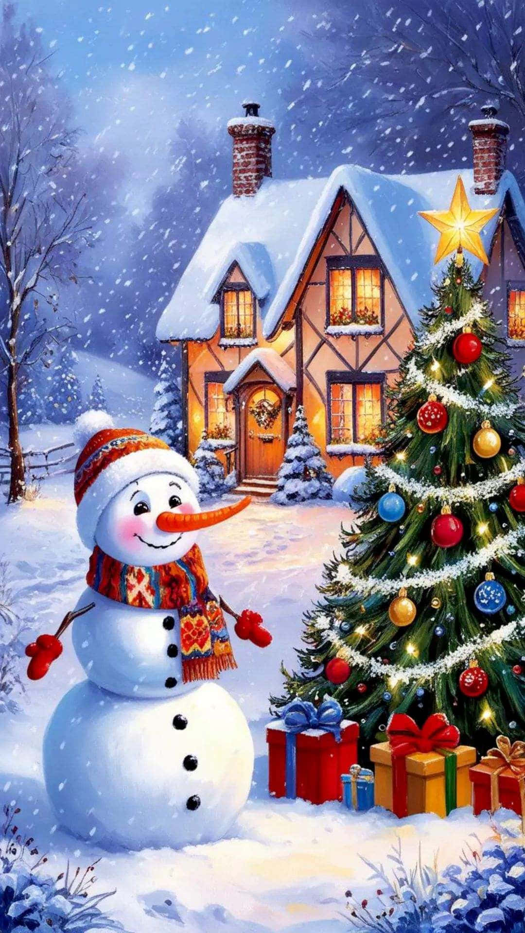  壁紙 — 一個戴著圍巾的快樂雪人站在裝飾好的聖誕樹旁邊，前面是一間被雪覆蓋的小屋，在飄雪中閃爍著溫暖的燈光。