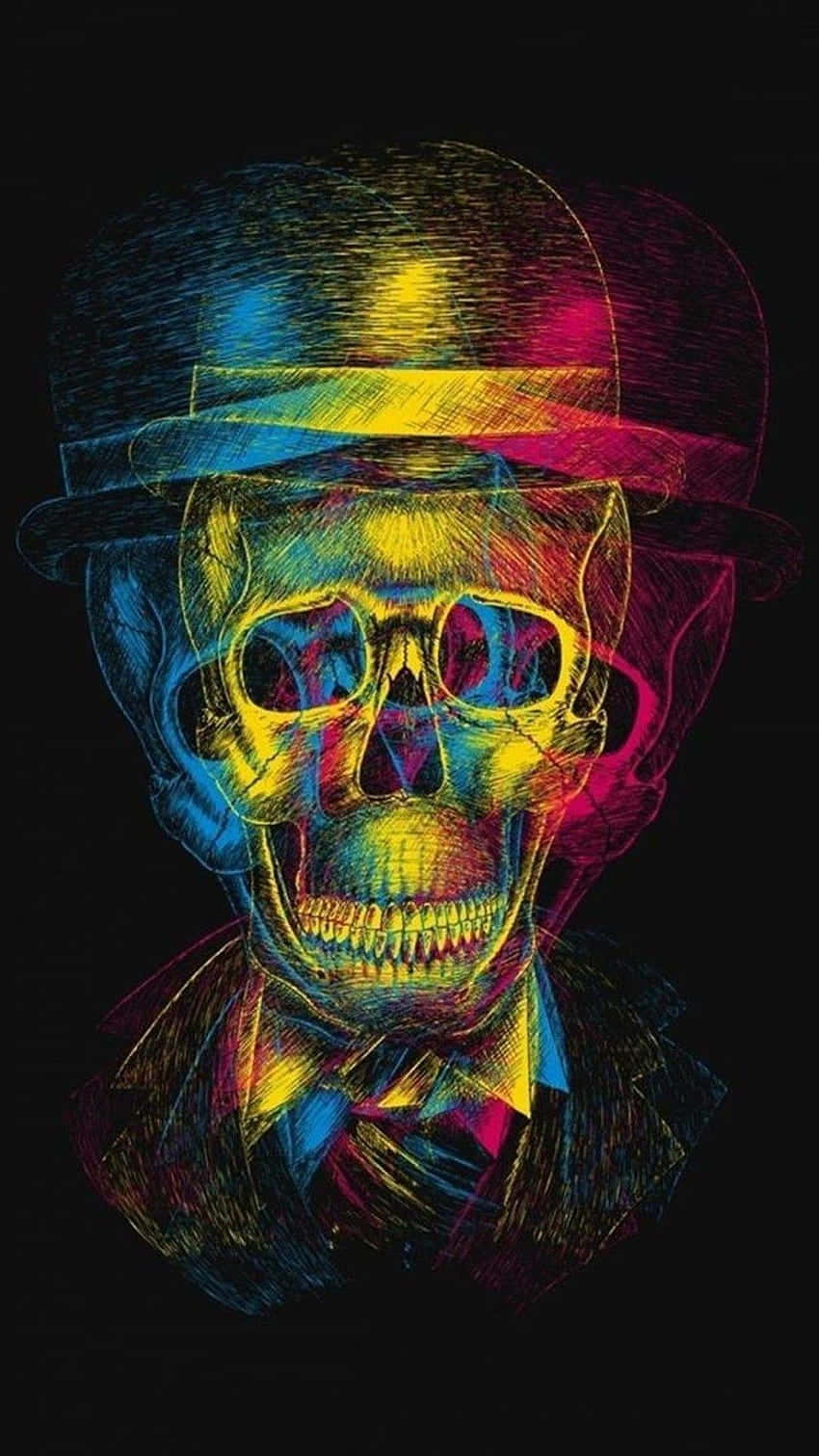  壁紙 — 一個戴著圓頂禮帽和眼鏡的鮮豔霓虹色骷髏頭，背景為黑色。