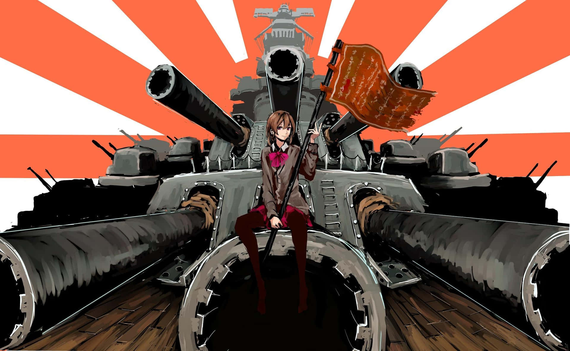 壁紙 — 一個動漫女孩坐在戰艦的炮塔上，手持旗幟，背景是鮮明的橙色和白色太陽光線。