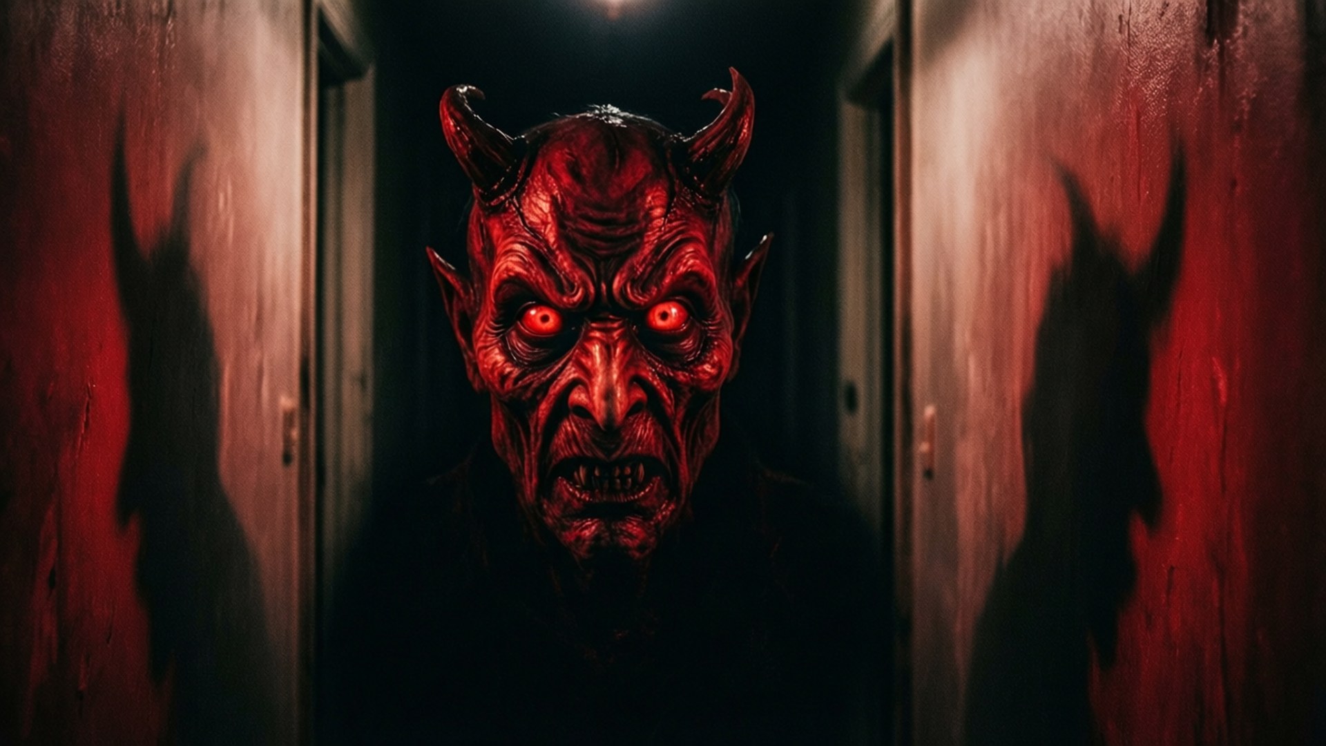 Insidious 桌布 壁紙 — 一個惡魔般的紅皮膚人物，眼睛發光，頭上有角，在昏暗的走廊中聳立，在木牆上投射出陰森的影子。