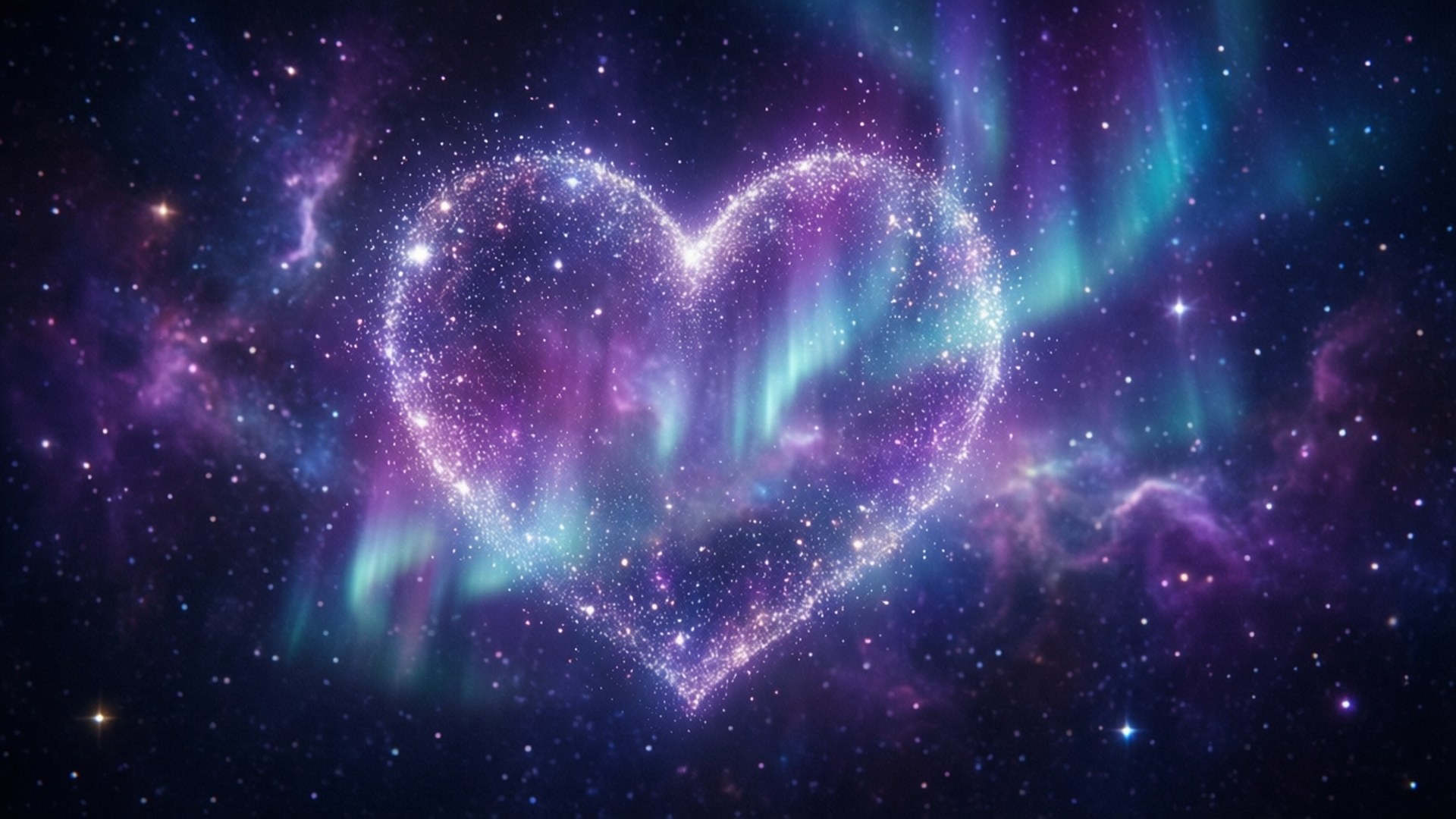 Heart Aura Laptop 桌布 壁紙 — 一個發光的愛心形狀星雲，在繁星點點的紫色和藍綠色星系中脈動著宇宙之光。