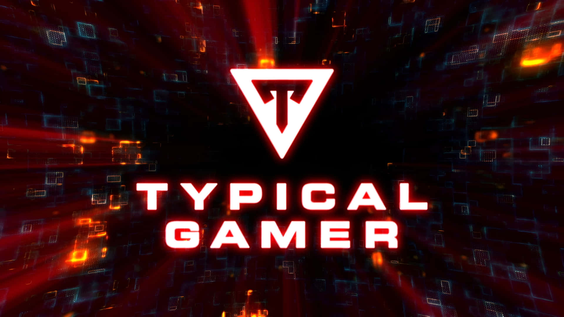  壁紙 — 一個發光的紅白 'TYPICAL GAMER' 標誌在充滿浮動電路狀方塊和光芒四射的數位黑暗背景上脈動。