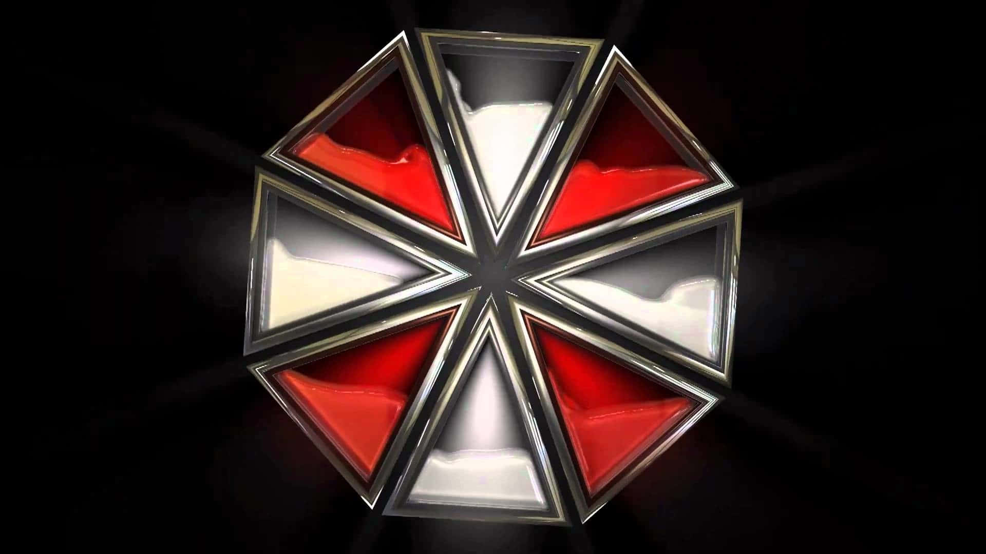  壁紙 — 一個發光的紅色和銀色八角星徽章在黑暗背景上散發光芒，光線從其中心射出。