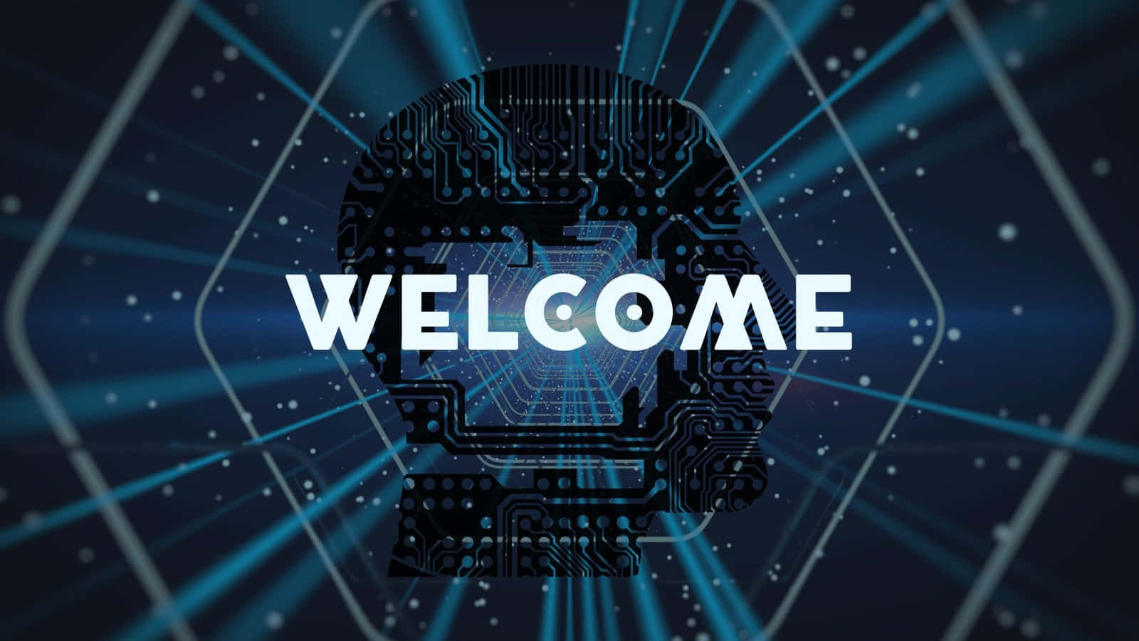  壁紙 — 一個發光的藍色電路板頭部剪影，帶有「WELCOME」文字，在星光點點的科技背景中散發數位光芒。