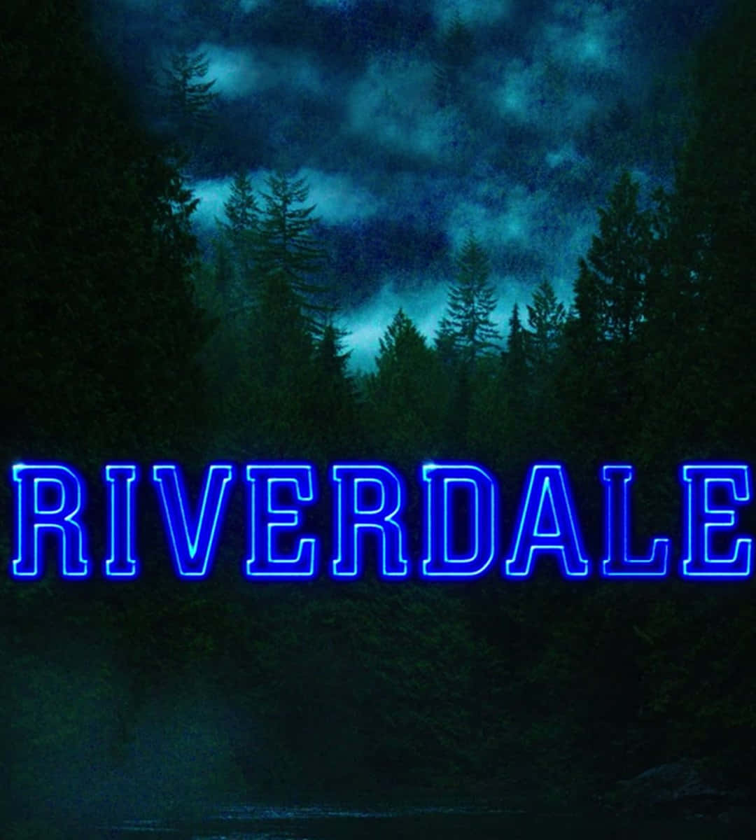 夜間在黑暗森林中發光的霓虹 Riverdale 標誌。