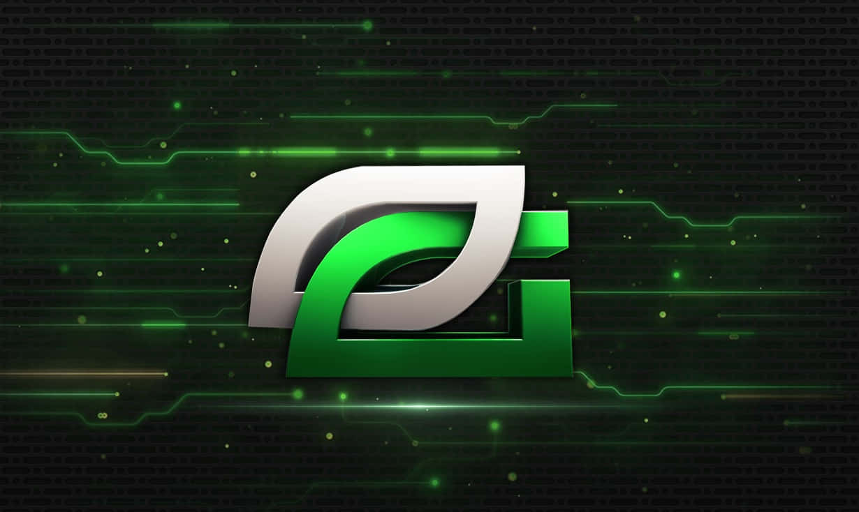Optic Gaming 桌布 壁紙 — 一個發光的綠色和銀色風格化「G」標誌漂浮在帶有霓虹綠色能量線的深色數碼電路板上。