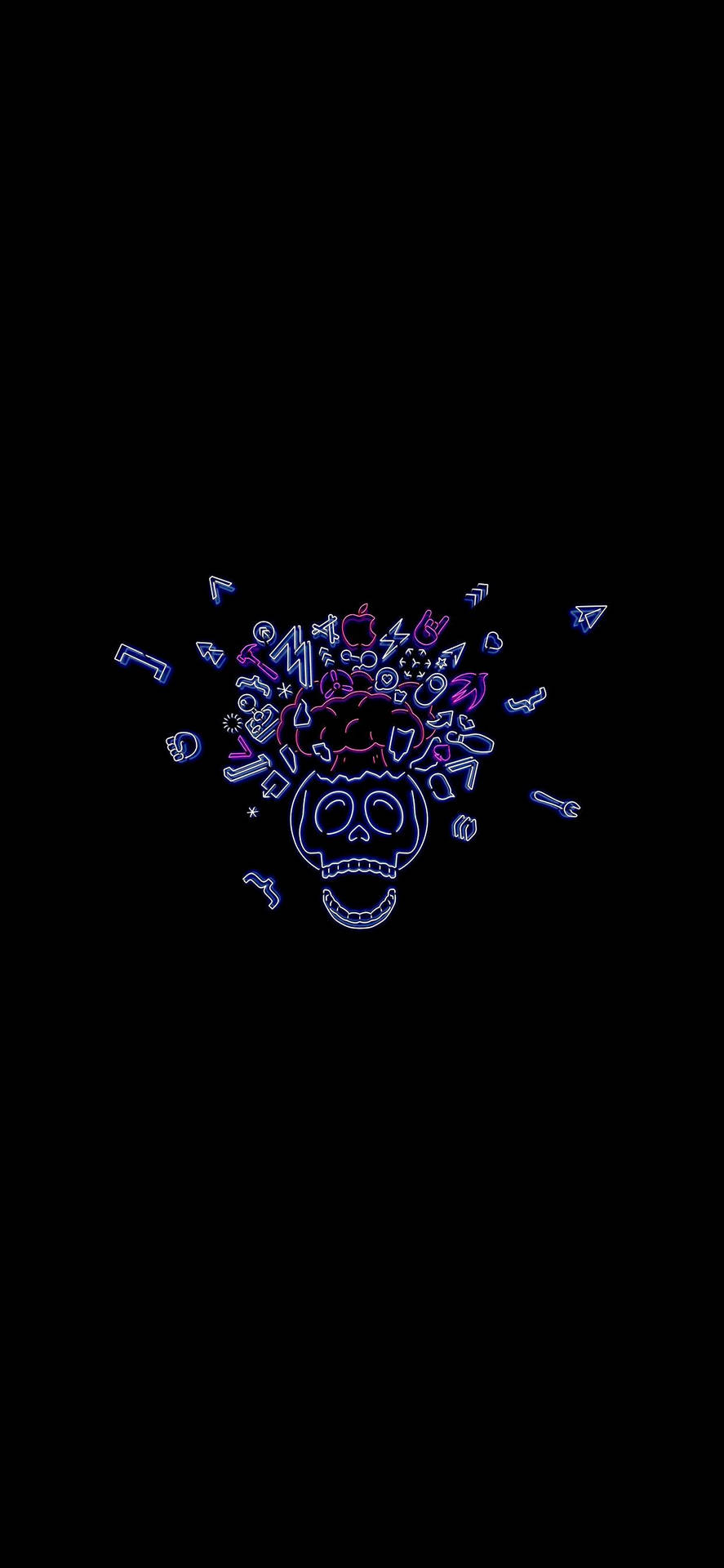 霓虹骷髏頭，頂部有符號在黑色背景上爆發 — 骷髏 壁紙