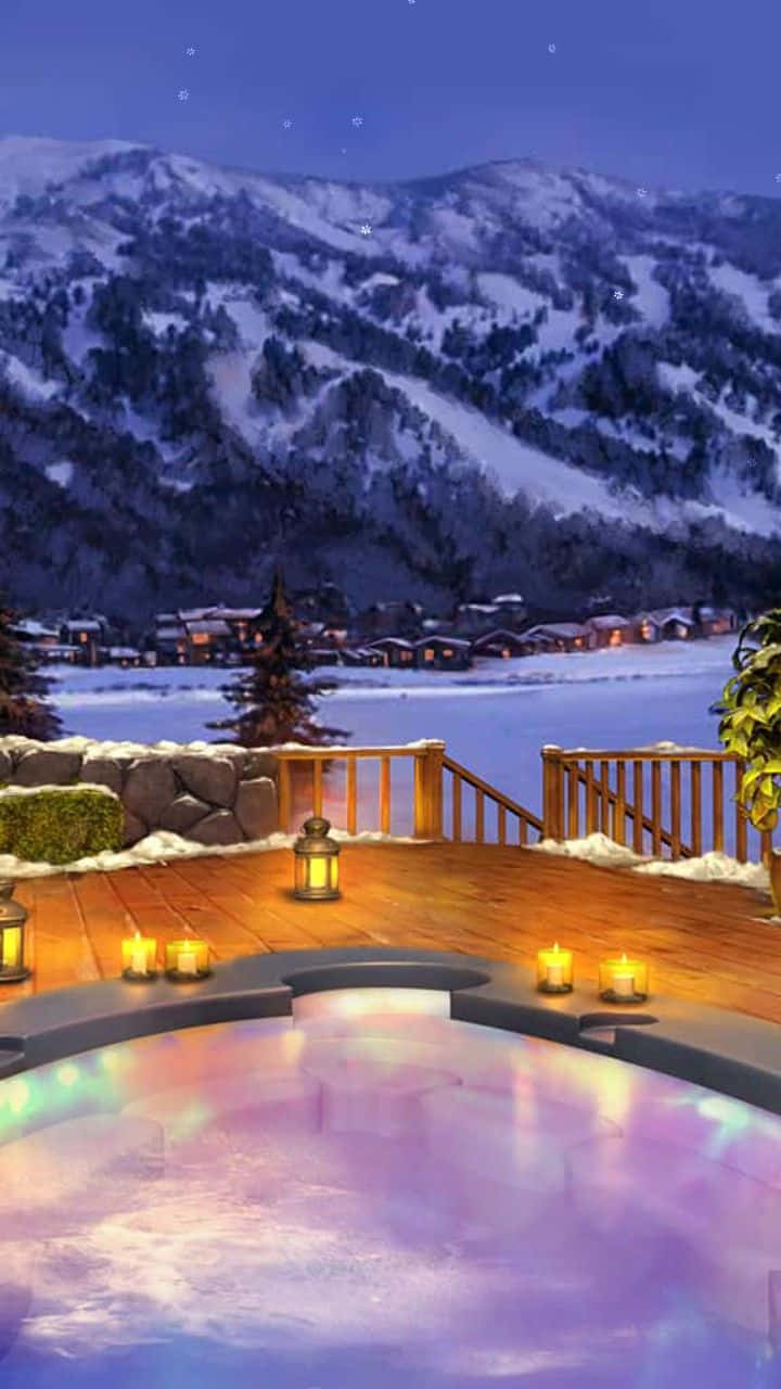  壁紙 — 一個發光的熱水浴缸在白雪覆蓋的甲板上，俯瞰著星空暮色下的山村。