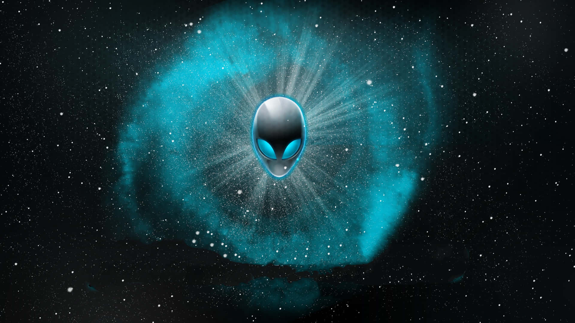  壁紙 — 一個發光的外星人頭部從充滿活力的藍綠色星雲中浮現，背景是星光閃爍的宇宙。