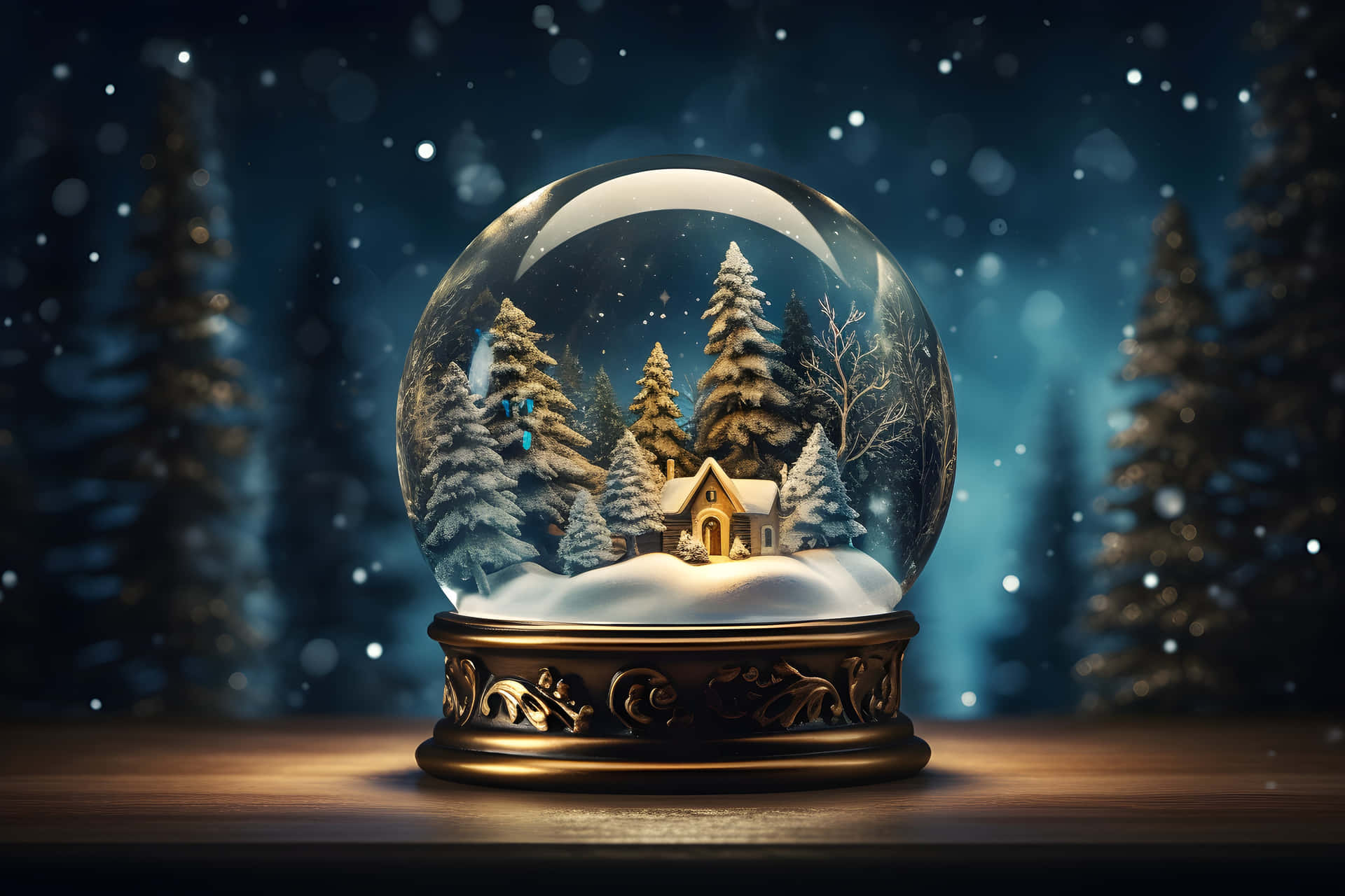  壁紙 — 一個發光的雪球，裡面有一座舒適的冬季小屋，坐落在白雪覆蓋的松樹之間，背景是繁星點點的夜空。