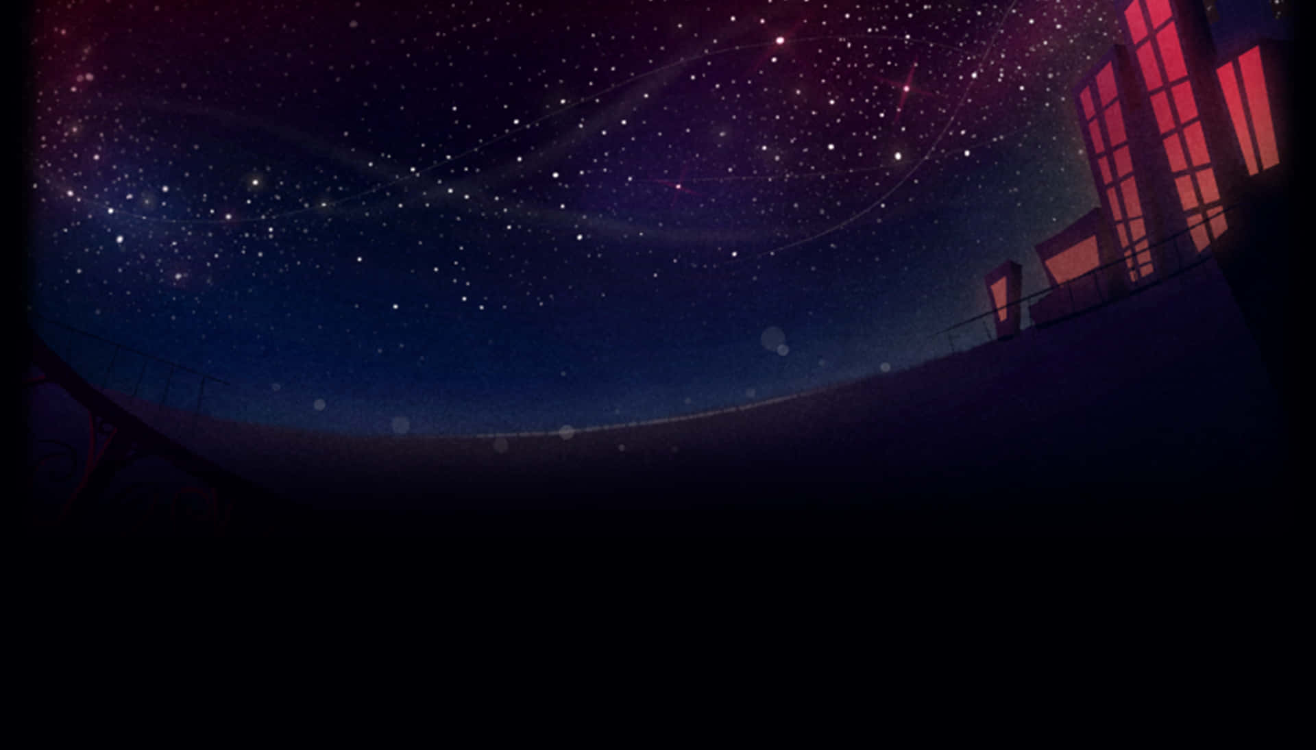 屋頂上方帶有發光紅色窗戶的星空。