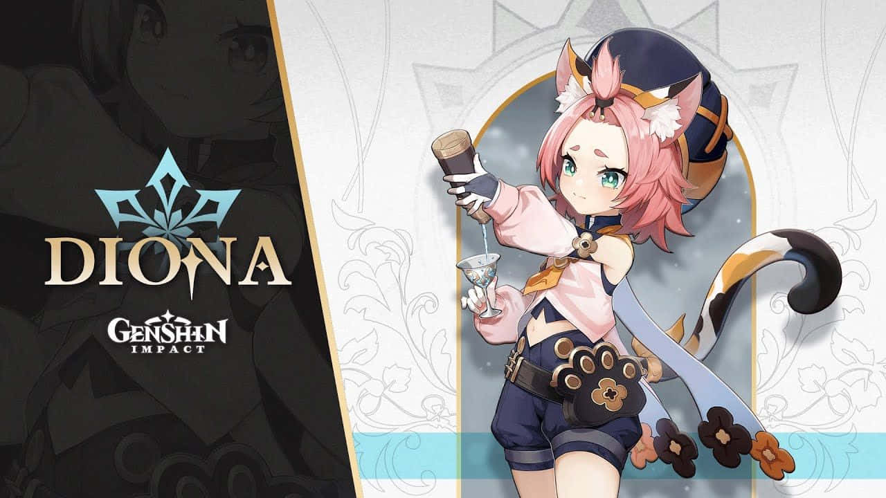 Genshin Impact Diona 桌布 壁紙 — 一個粉紅色頭髮、貓耳的女孩穿著水手服，拿著飲料和杯子，帶著頑皮的笑容。