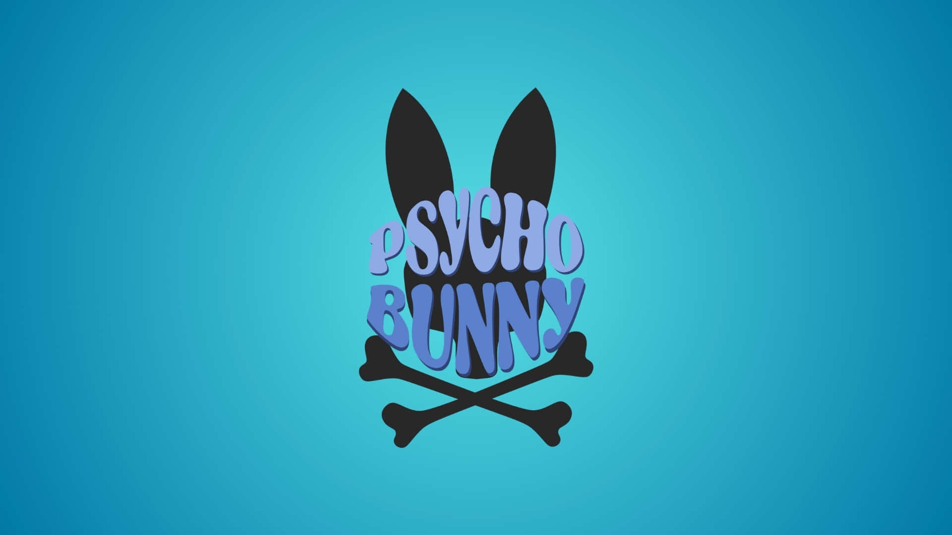  壁紙 — 一個風格化的標誌，在藍綠色漸變背景上，紫色3D文字「psycho bunny」後面有黑色兔耳和交叉骨頭。