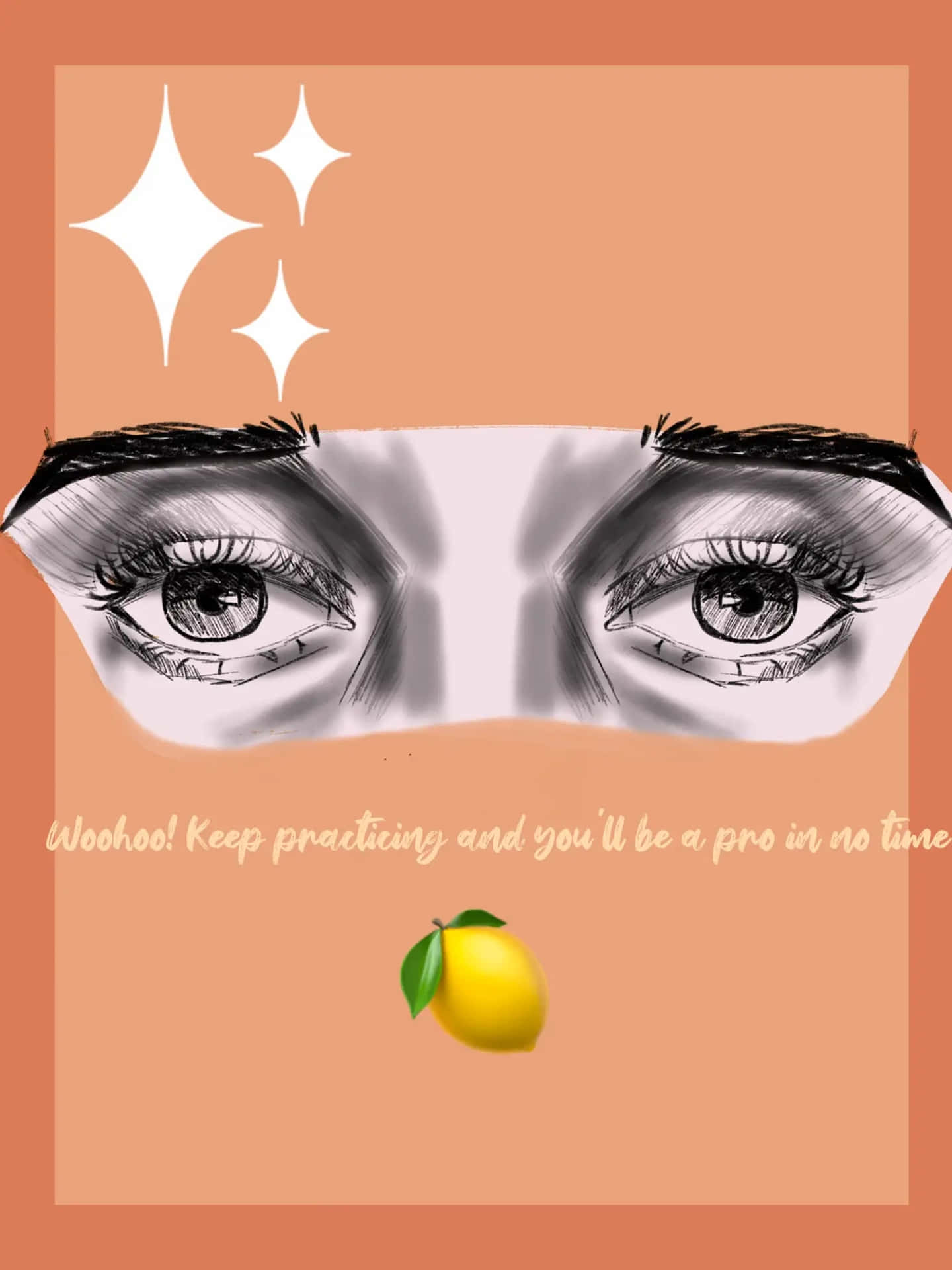  壁紙 — 一個風格化的插圖，描繪了富有表現力的眼睛，上方有閃光，下方有檸檬，背景為桃色。