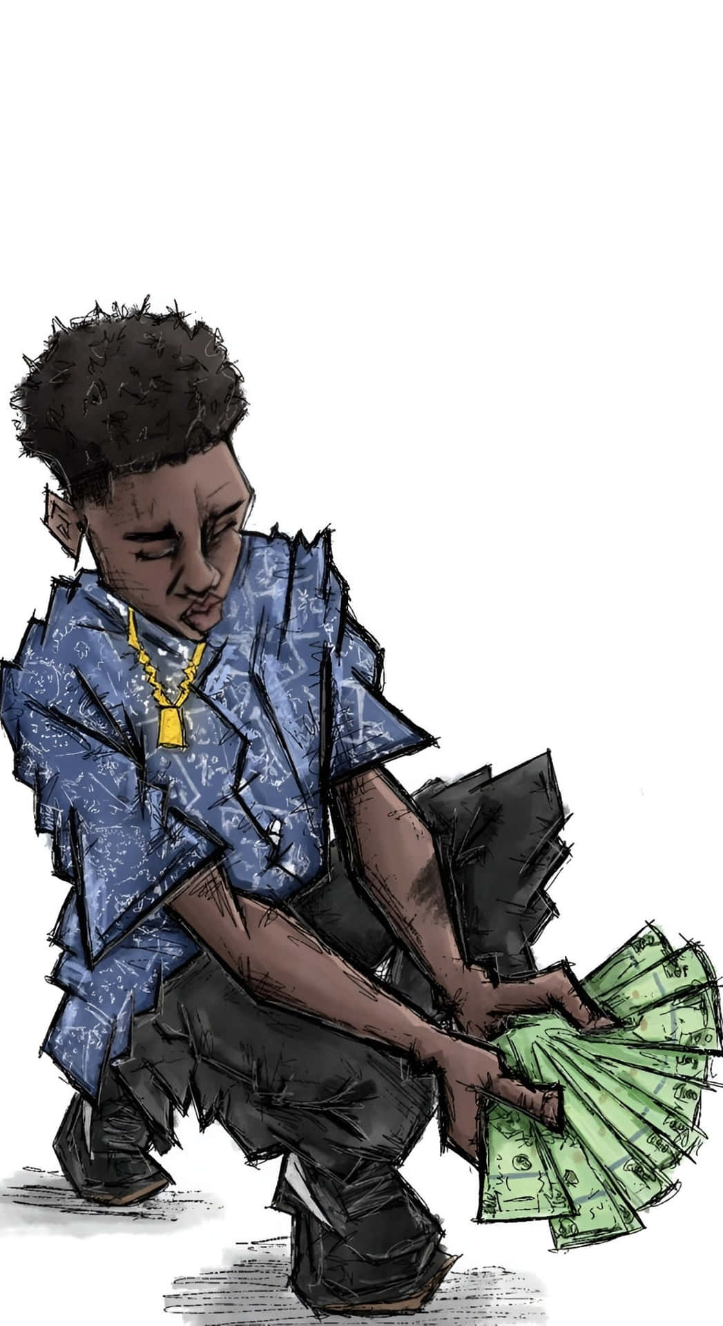  壁紙 — 一個風格化的插圖，描繪一名身穿藍色圖案襯衫的年輕男子，戴著金鏈數著一疊綠色現金。