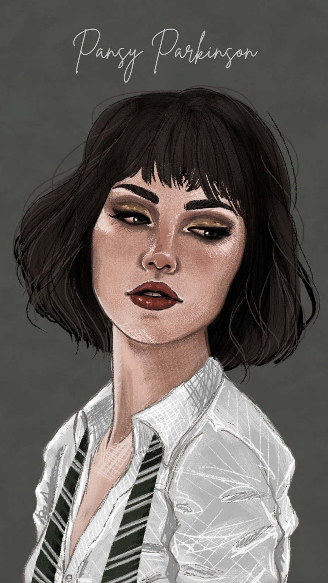  壁紙 — 一個風格化的插圖，描繪一位深色波波頭、妝容大膽的女性，身穿白襯衫和條紋領帶，背景為灰色。