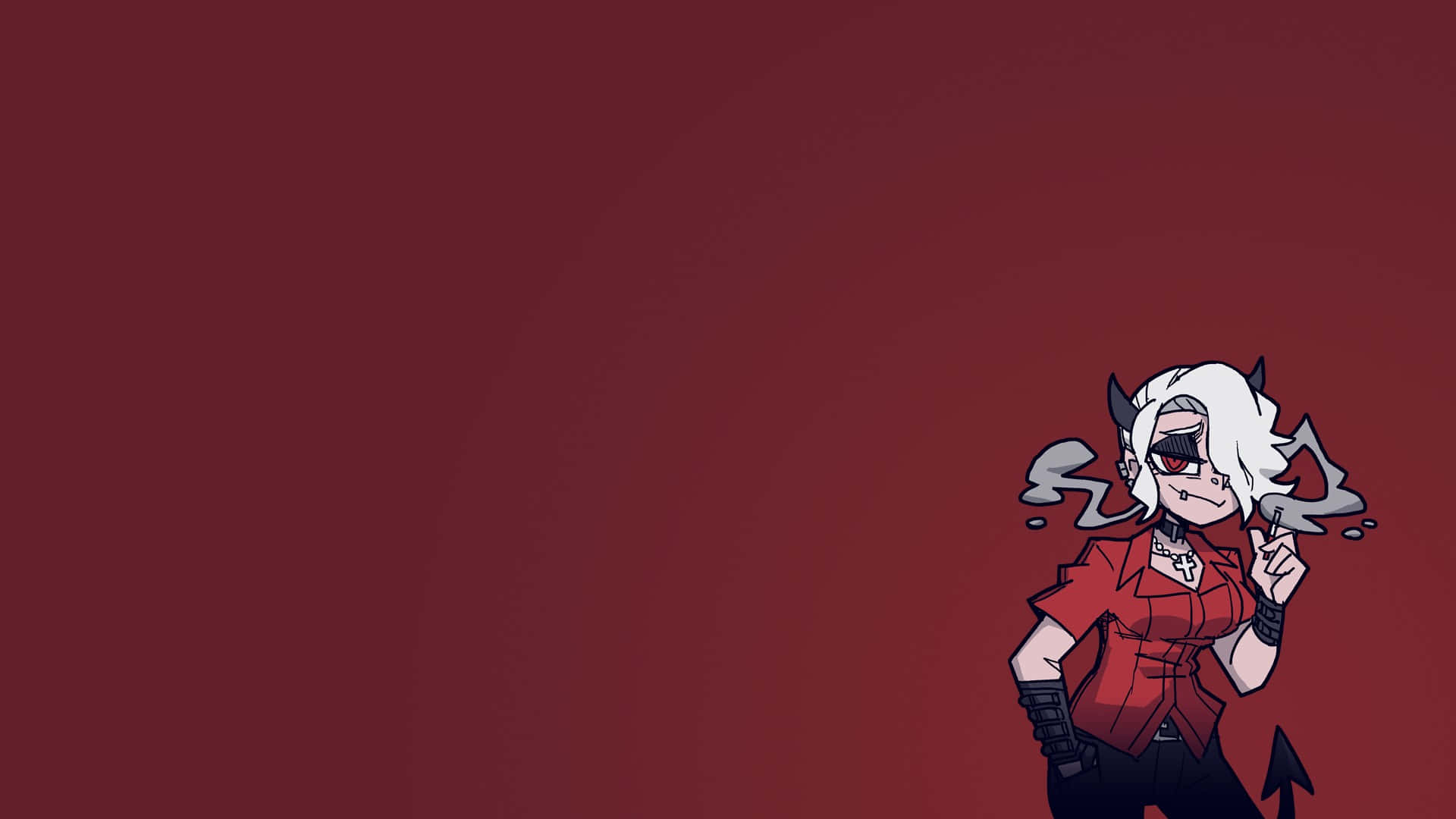  壁紙 — 一個風格化的動漫惡魔女孩，白色頭髮和角，在純紅色背景前叼著煙冷笑。