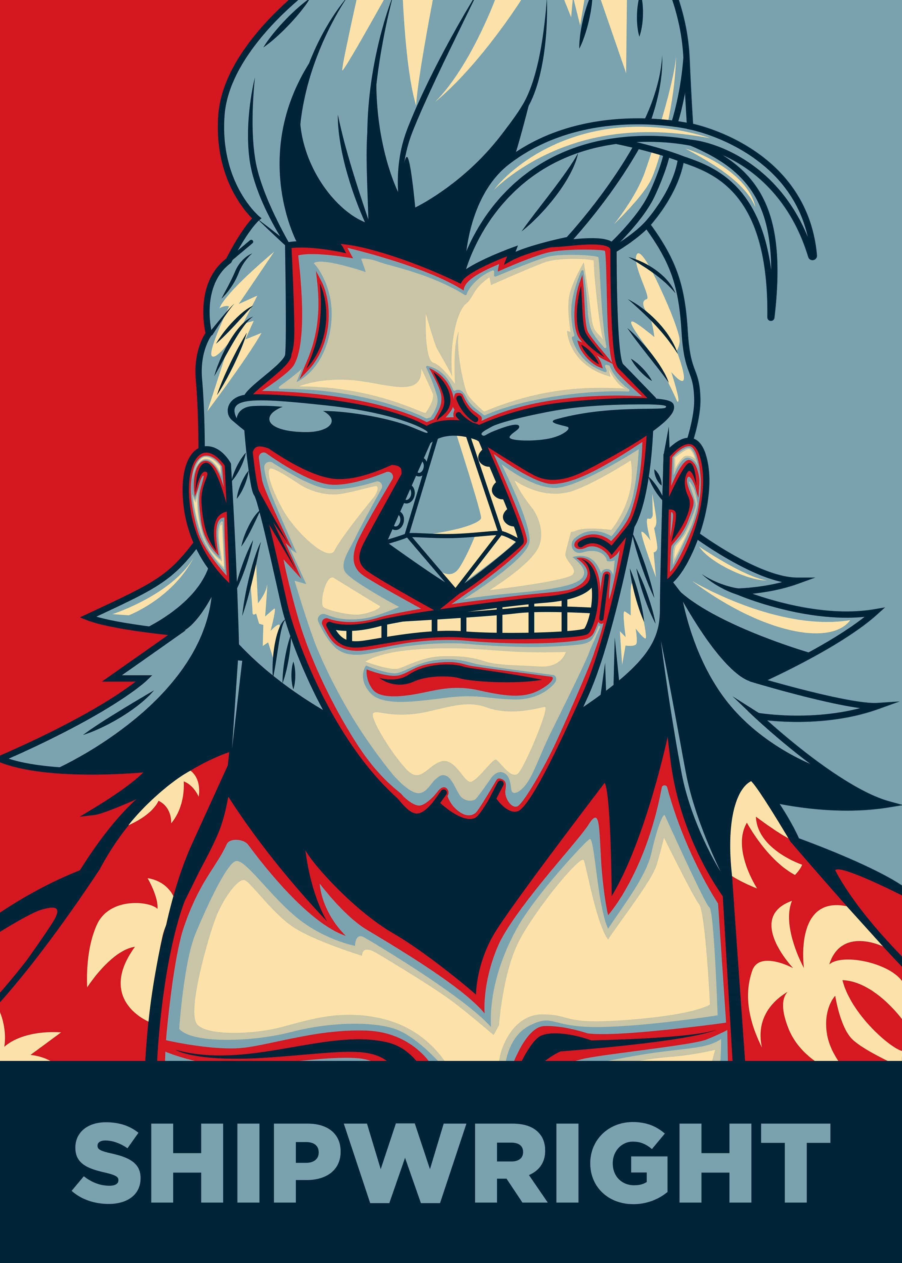 Franky 桌布 壁紙 — 一個風格化的動漫角色，擁有尖刺的藍色頭髮和太陽眼鏡，在紅色和藍色背景前兇狠地咧嘴笑。