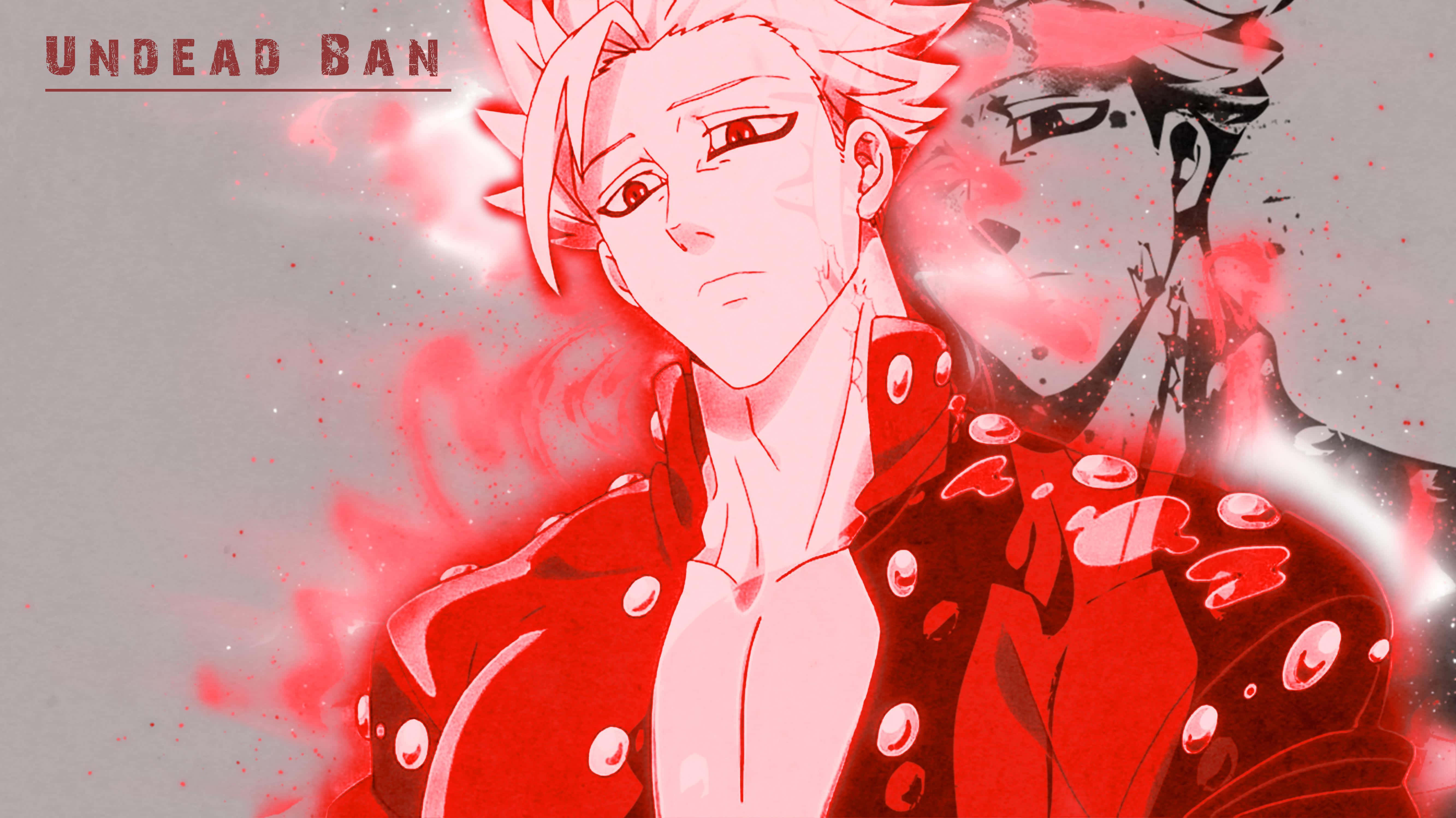 Seven Deadly Sins Ban 桌布 壁紙 — 一個風格化的動漫角色，有著尖刺頭髮和紅色光環，向前凝視，背後有一個陰影人物潛伏。