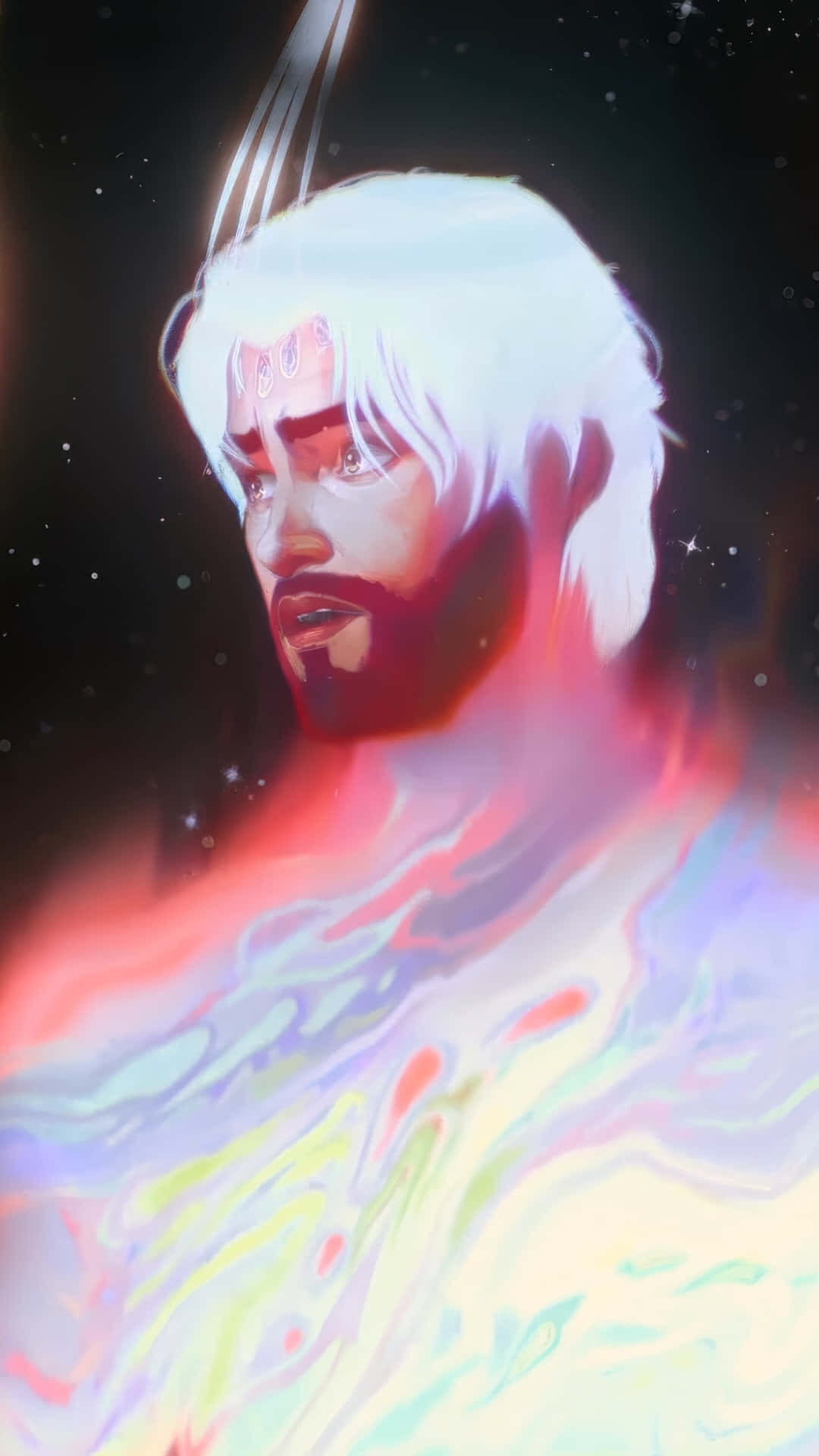 壁紙 — 一個風格化的動漫男子，白髮，發光的宇宙能量在他肩膀周圍旋轉，背景是繁星點點的夜空。