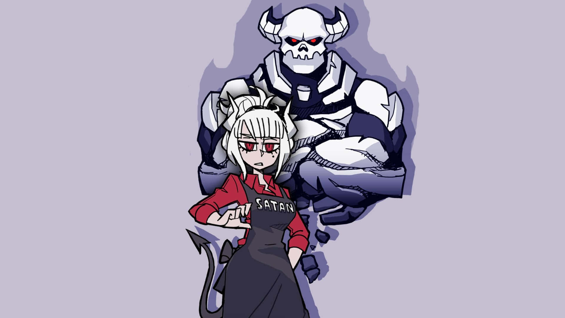  壁紙 — 一個風格化的動漫女孩，白髮紅眼，穿著「SATAN」圍裙，身後有一個帶角的骷髏惡魔聳立。