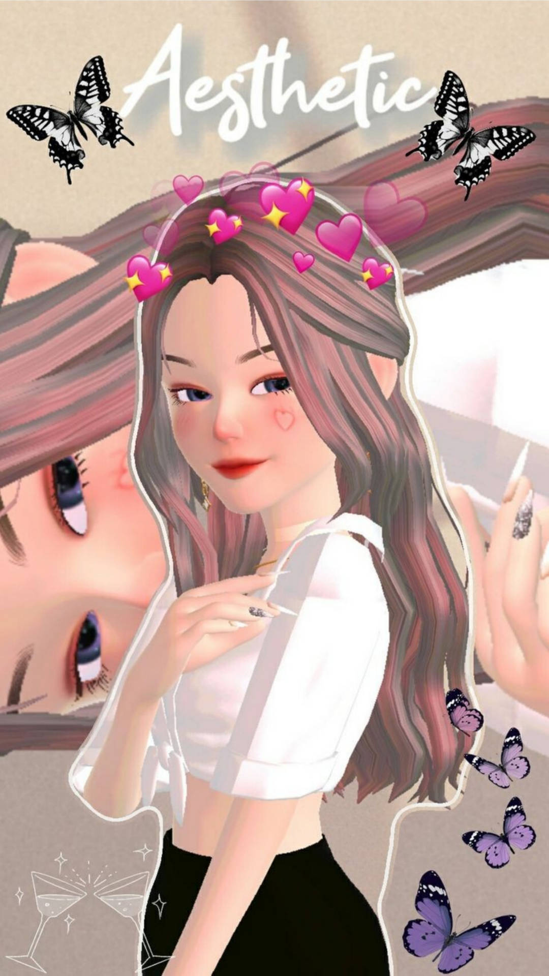 在柔和的粉彩美學場景中，一個帶有粉紅色心形和蝴蝶的動漫女孩。 — 美學女孩 壁紙