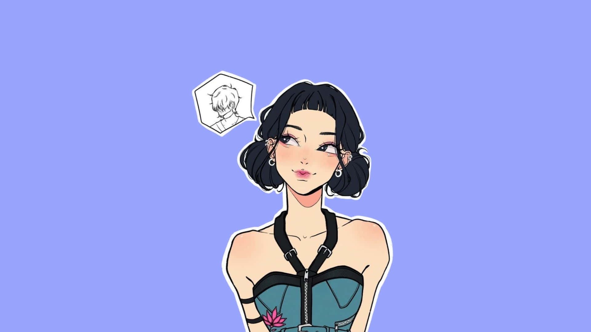  壁紙 — 一個風格化的動漫女孩，黑色波波頭，穿著青綠色束腰，向上凝視，有一個顯示男孩素描的對話氣泡。