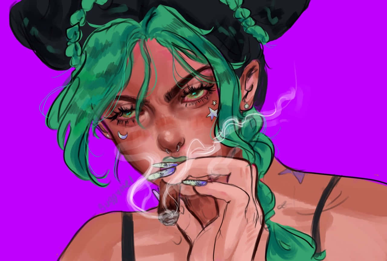  壁紙 — 一個風格化的動漫女孩，綠色頭髮和星星紋身，在充滿活力的紫色背景前抽煙。