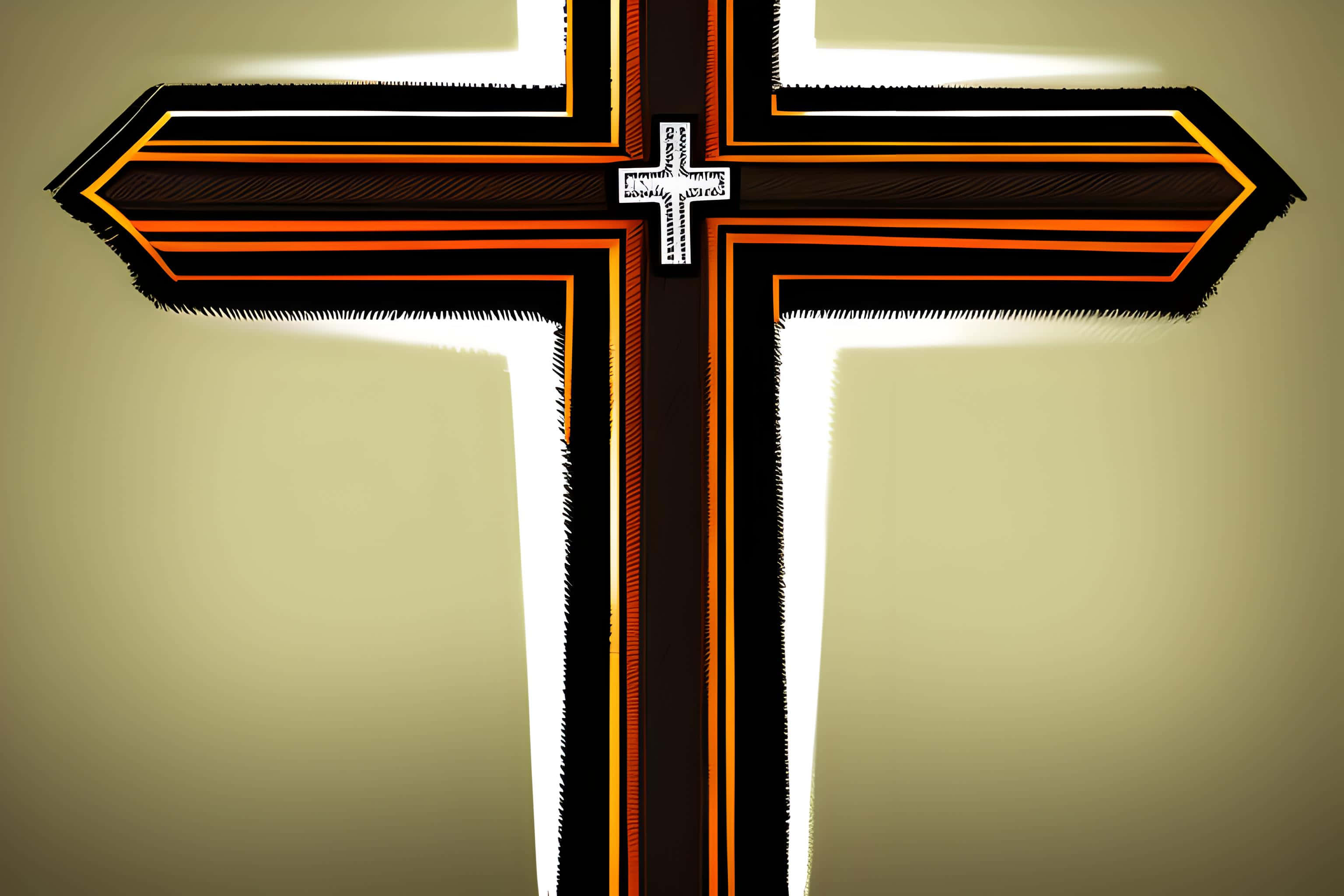 Orthodox 桌布 壁紙 — 一個風格化的黑色十字架，帶有橙色條紋和白色發光邊緣，置於米色漸變背景上。