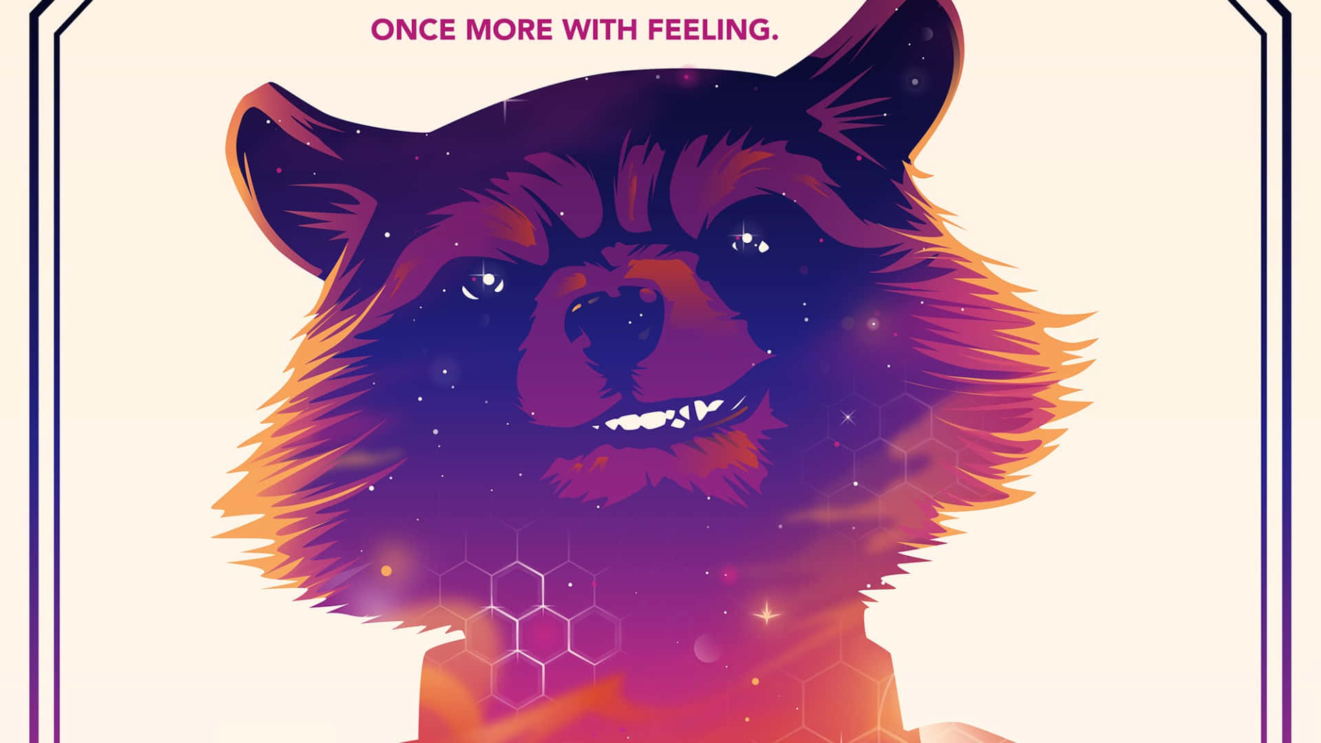  壁紙 — 一個風格化的浣熊頭部，帶有宇宙星系毛皮和發光的眼睛，背景為柔和的漸變色。