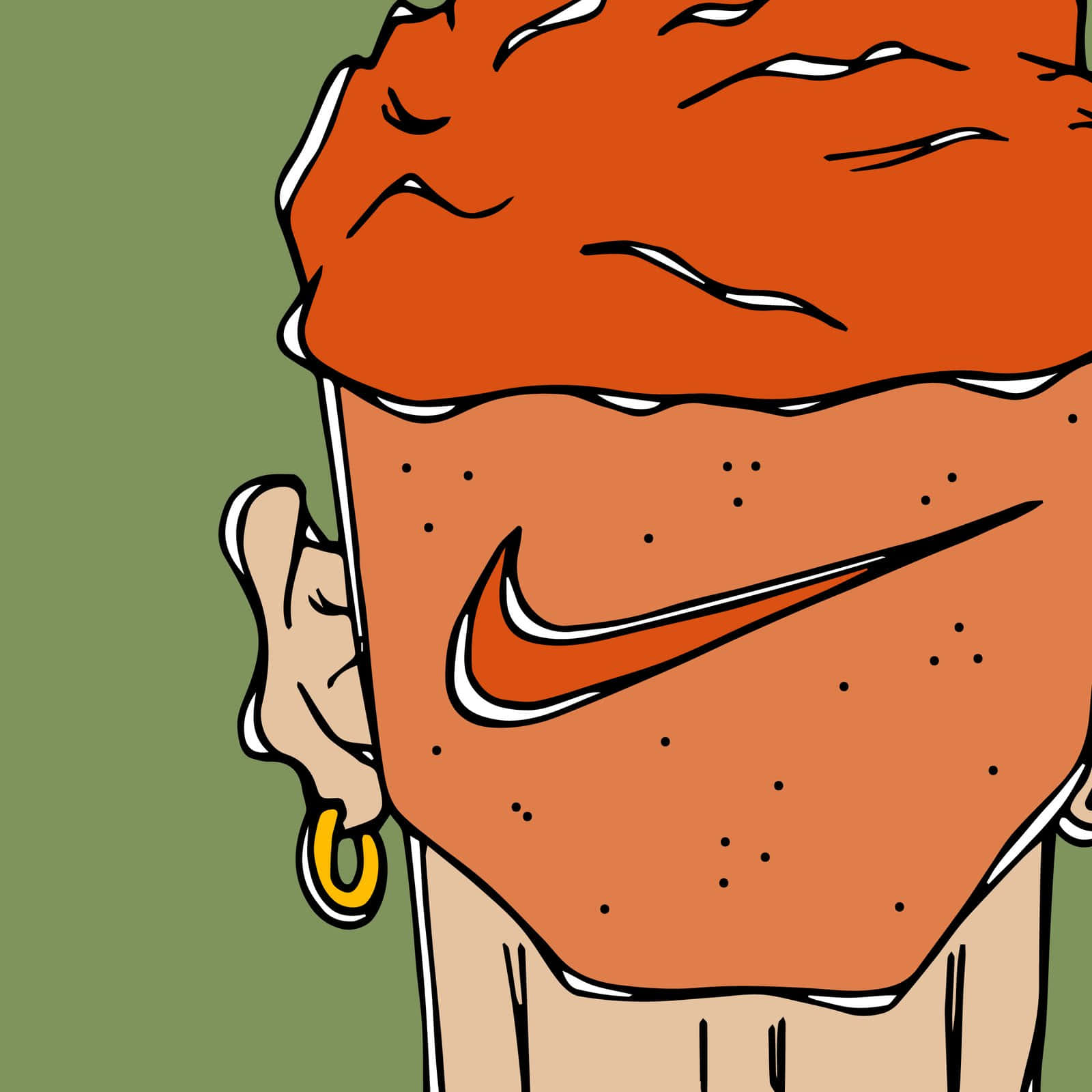  壁紙 — 一個風格化的卡通紙杯蛋糕，帶有橙色糖霜和側面的Nike勾號，由一隻戴著金色圓環耳環的手拿著。
