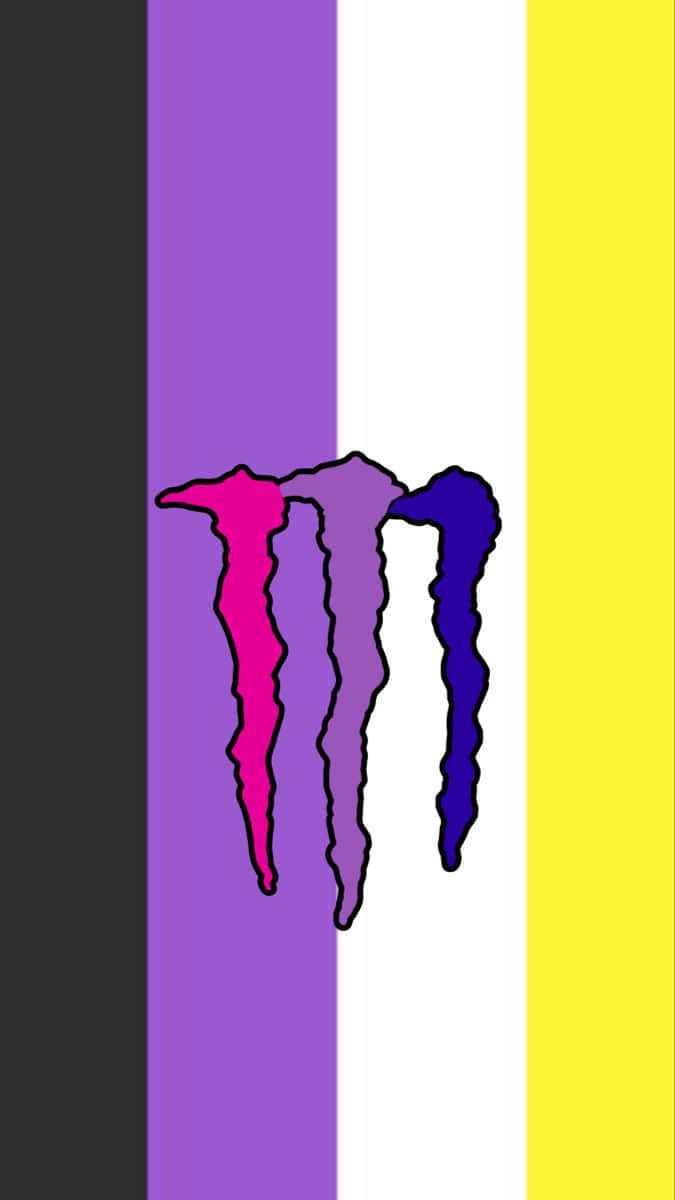  壁紙 — 一個風格化的Monster Energy標誌，以粉紅、紫色和藍色滴落在黑色、紫色、白色和黃色的垂直條紋上。