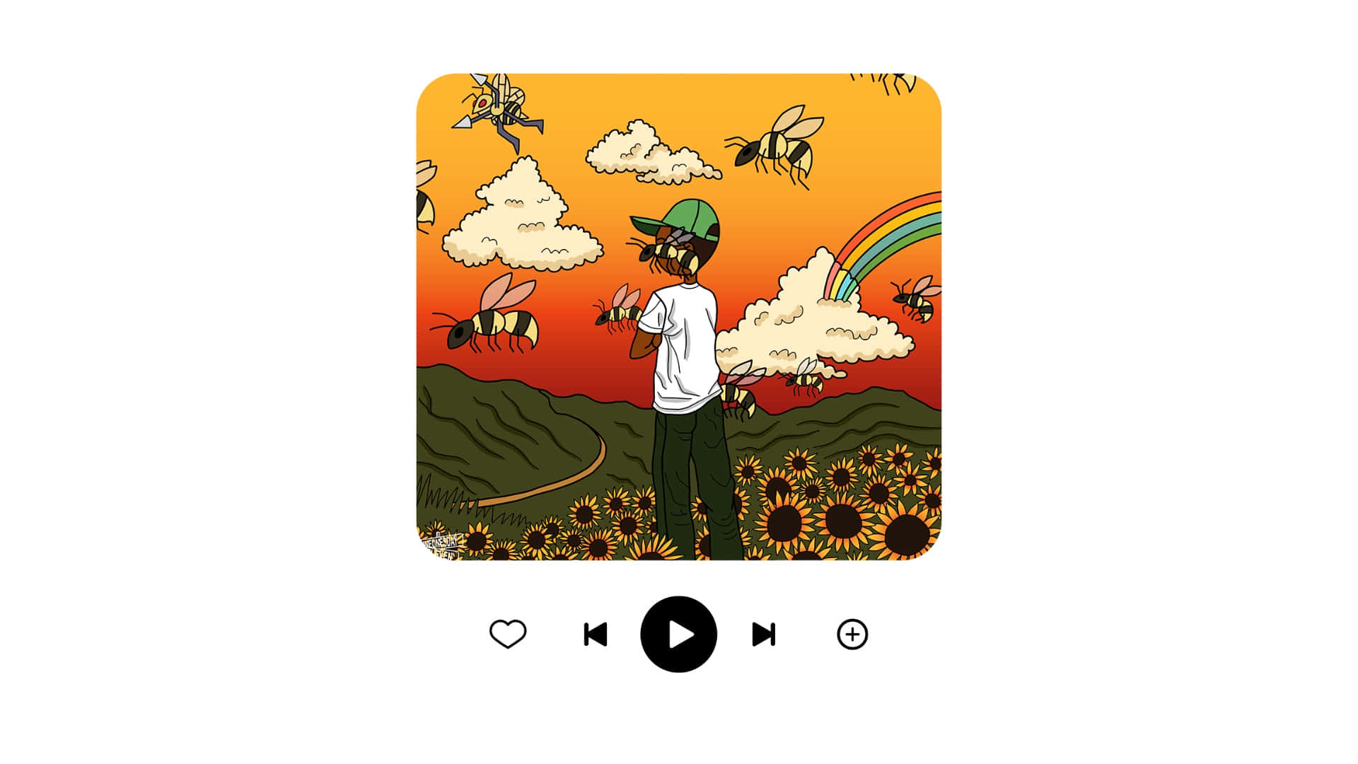 壁紙 — 一個風格化的人物在向日葵田中凝視著充滿蜜蜂、雲朵和彩虹的鮮豔日落天空。