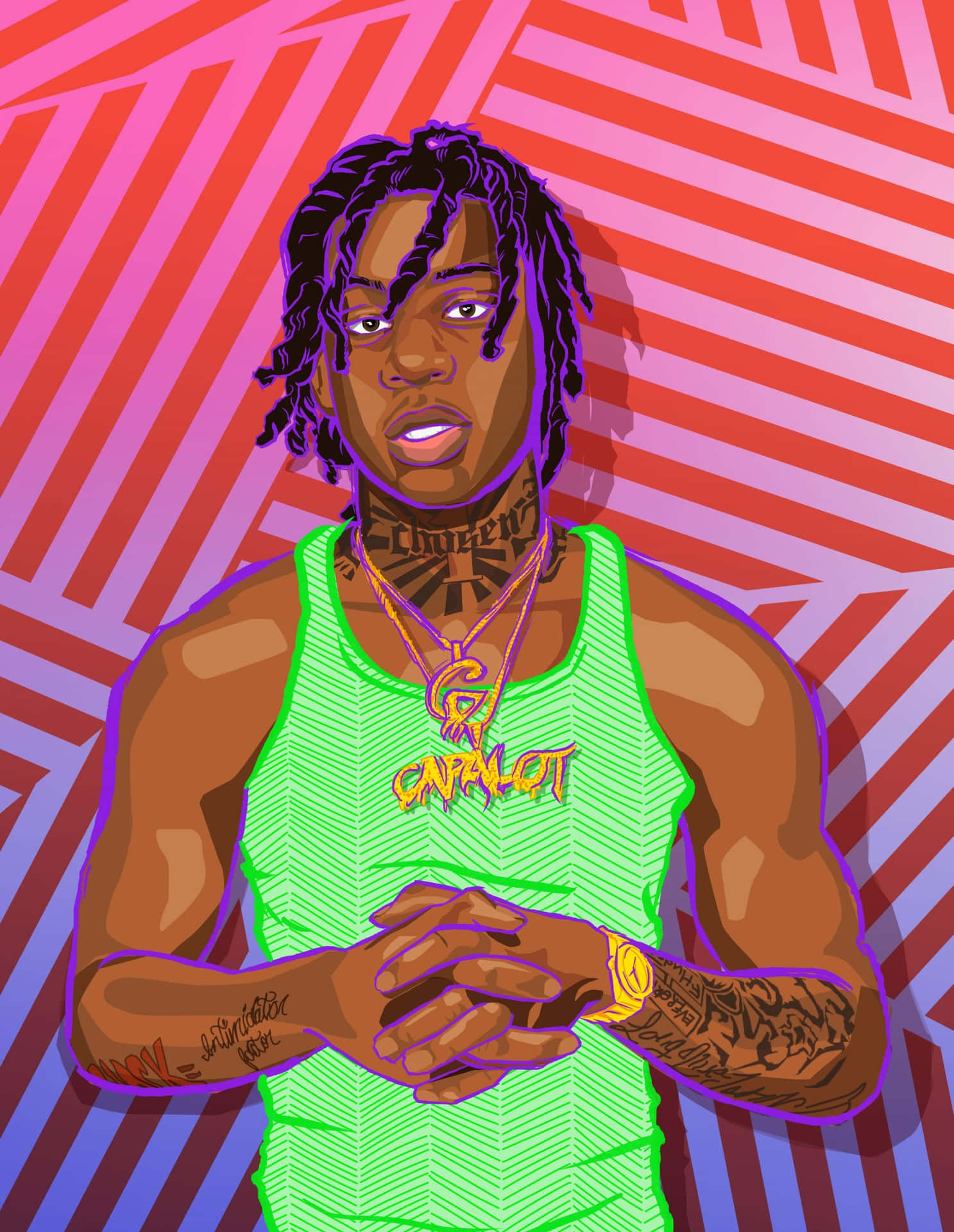  壁紙 — 一個風格化的數碼肖像，描繪一名留有辮子頭和紋身的男子，身穿螢光綠色背心，背景為鮮豔的粉紅和紅色條紋。