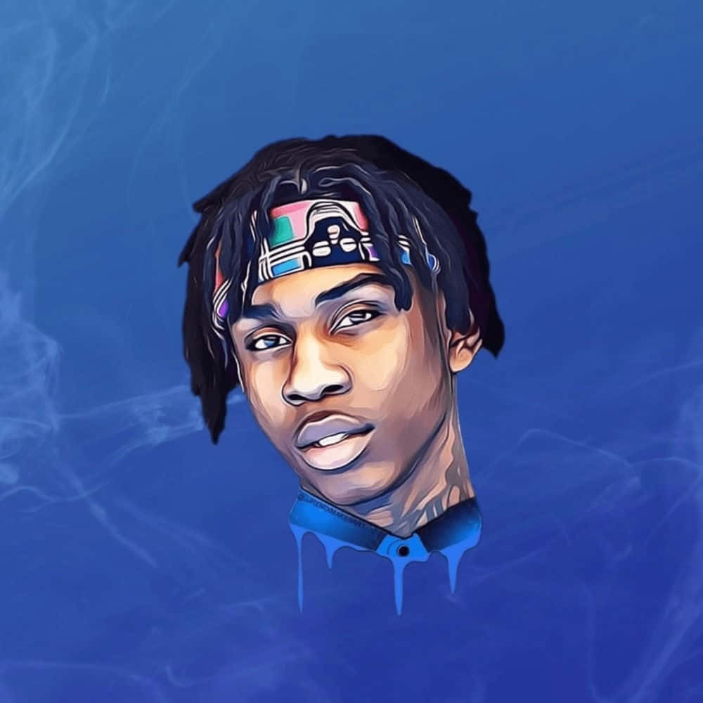  壁紙 — 一個風格化的數碼肖像，描繪一位年輕男子，留著辮子，戴著彩色頭帶，背景是煙霧藍色。