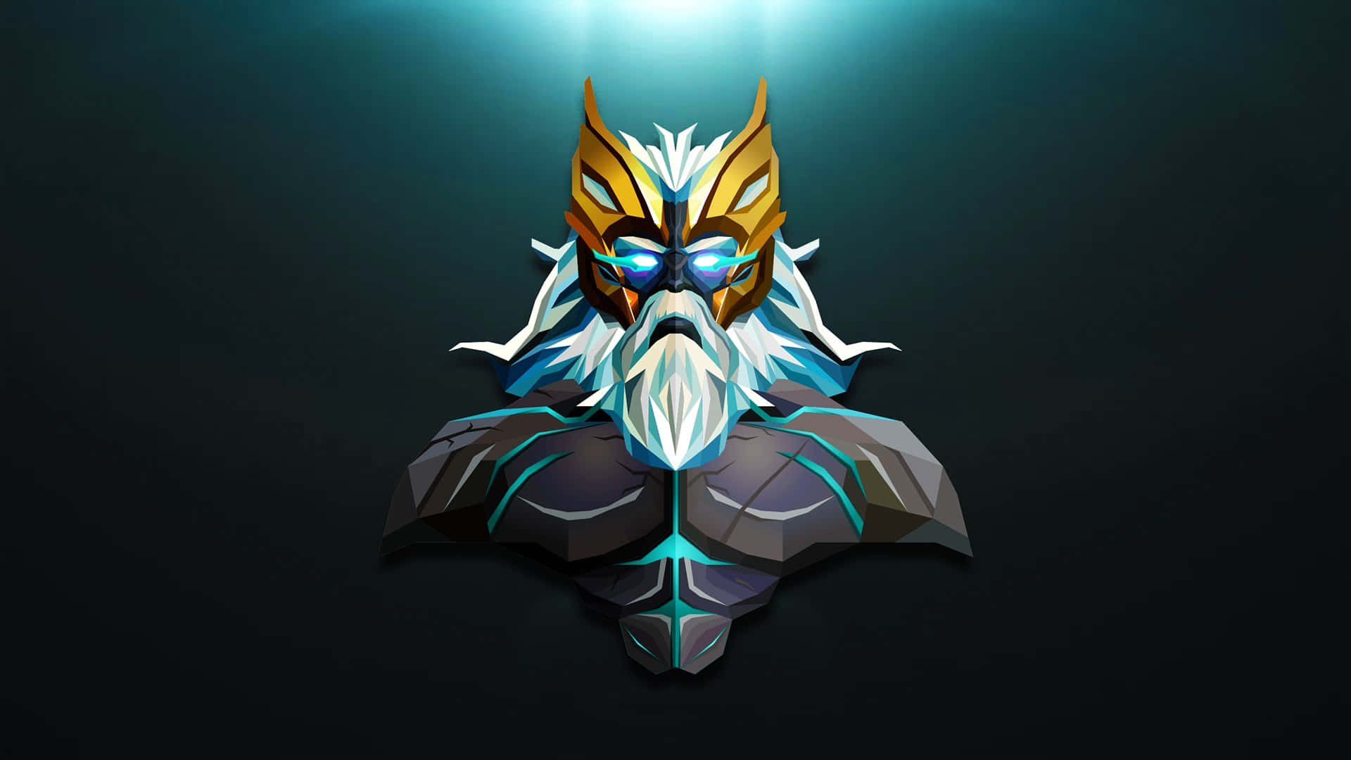 Dota 2 Zeus 桌布 壁紙 — 一個風格化的數碼藝術神，擁有發光的藍色眼睛和金色頭盔，站在深藍綠色背景前。