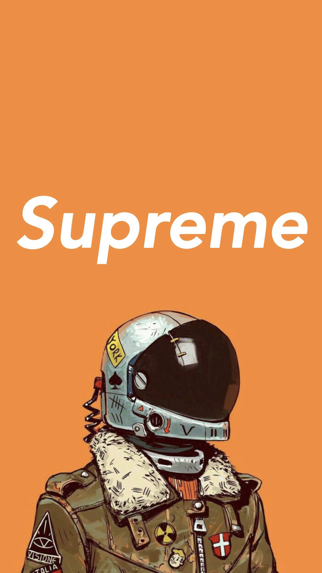 戴頭盔和帶徽章夾克的太空人，橙色背景上有Supreme文字。