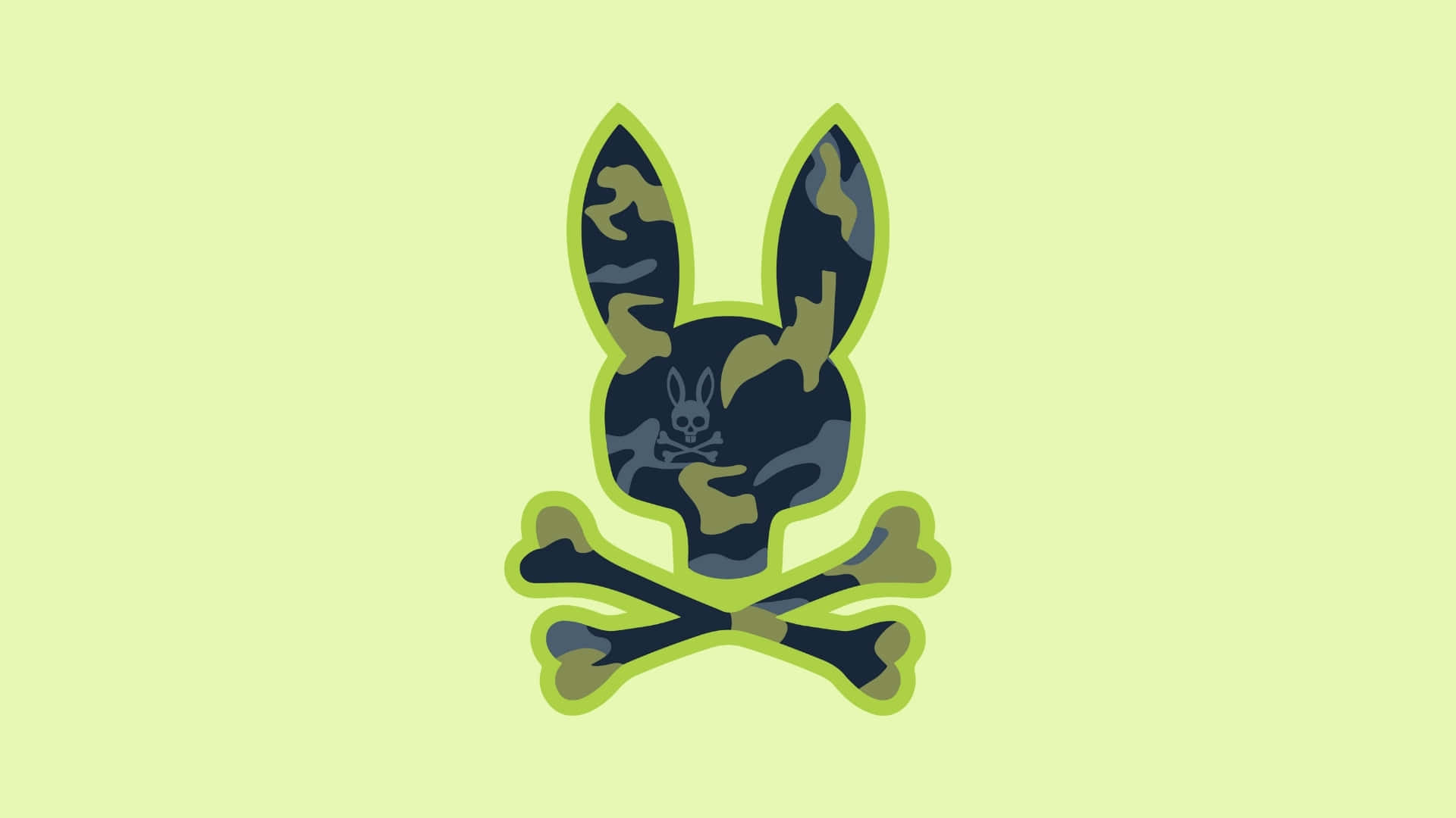  壁紙 — 一個風格化的兔頭，帶有迷彩圖案和內部的骷髏，坐在交叉的骨頭上，背景是淡綠色。
