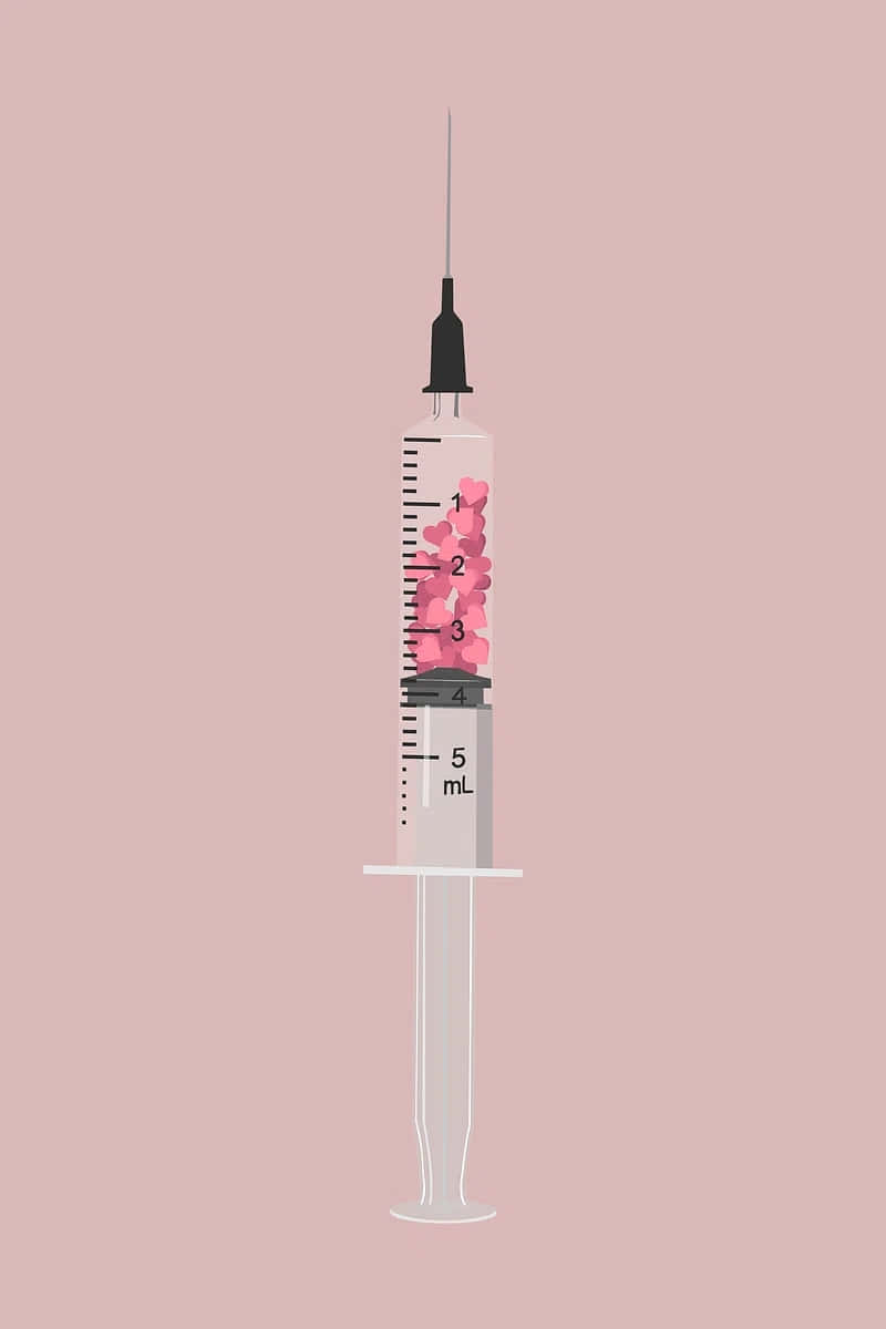裝滿粉紅色心形的注射器，背景為粉紅色。 — 粉紅色心形動圖 壁紙