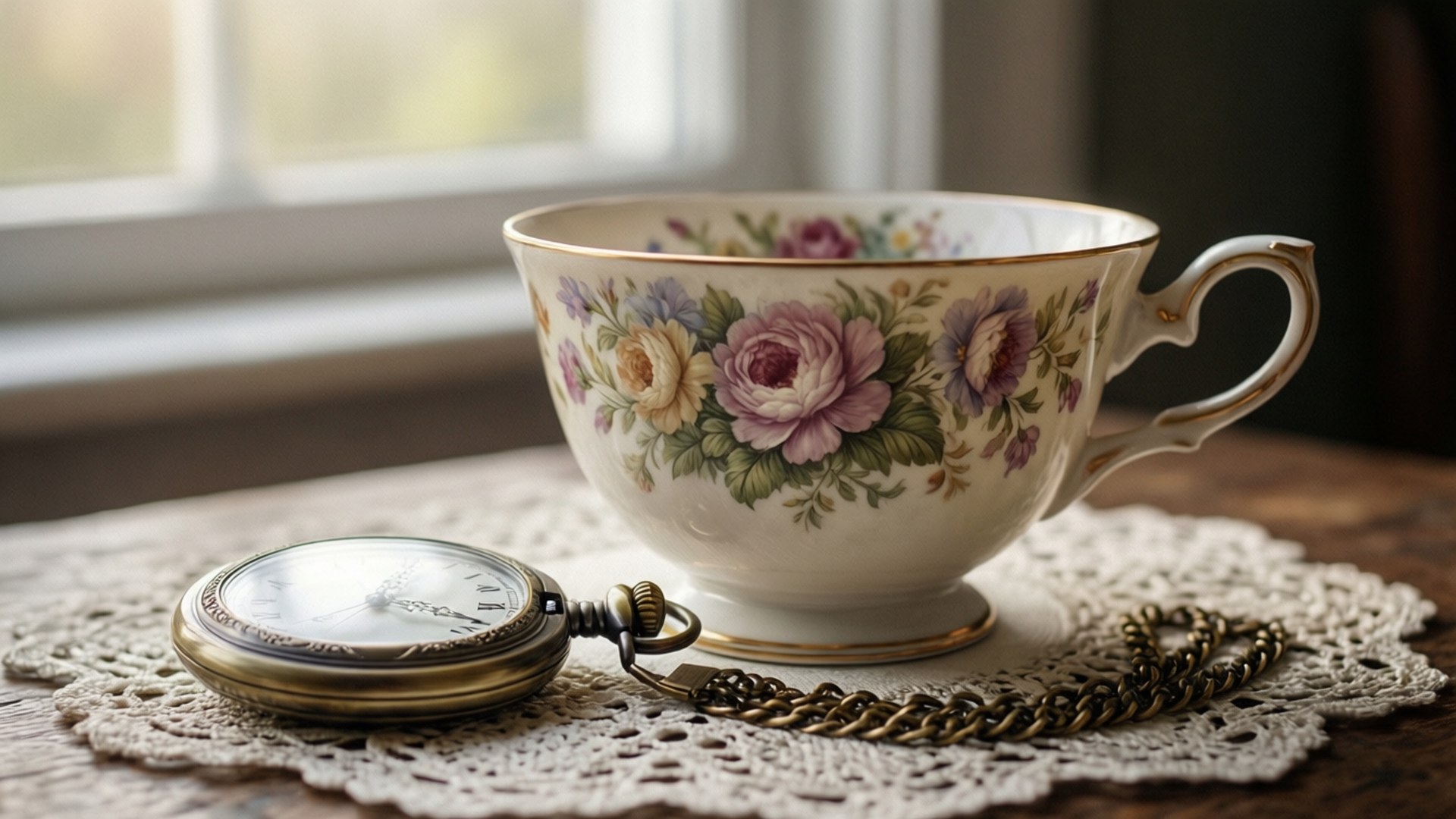 Clock That Tea 桌布 壁紙 — 一個復古花卉茶杯和一個華麗的懷錶放在窗邊陽光下的蕾絲墊上。