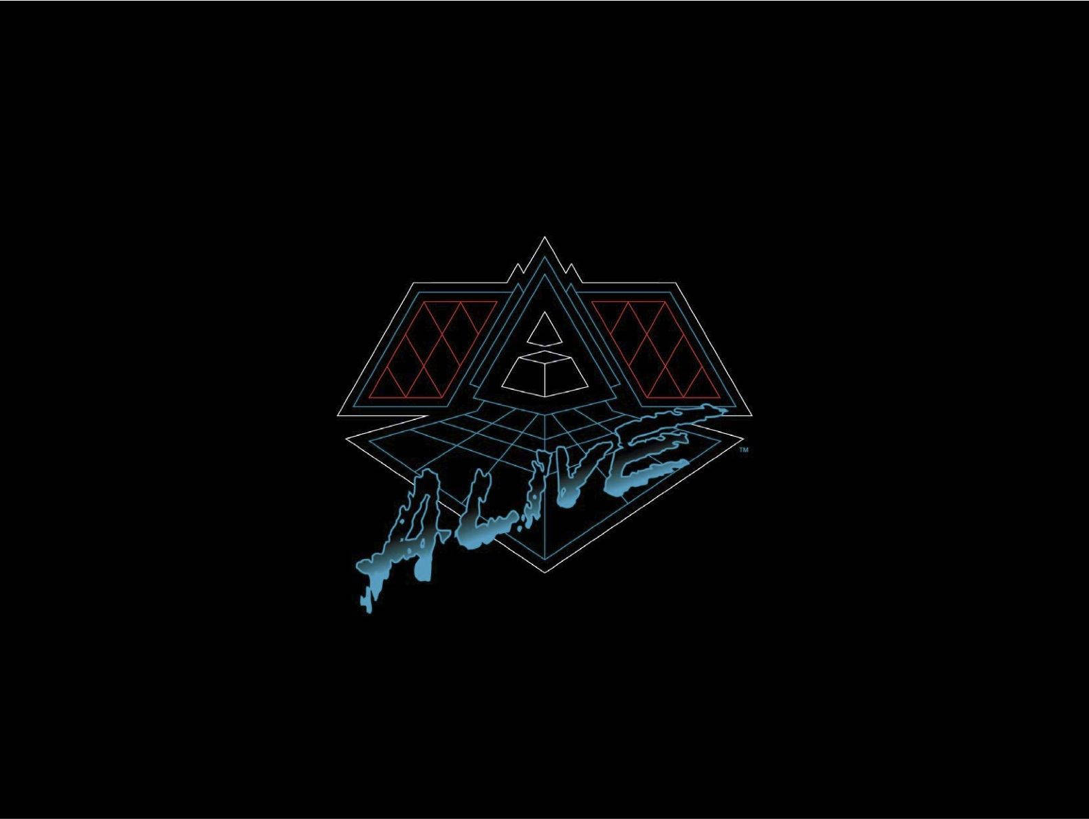 Daft Punk Alive 高畫質 壁紙 — 一個復古未來主義標誌，發光的藍色和紅色霓虹線形成一個金字塔和單詞「ALIVE」，背景為黑色。