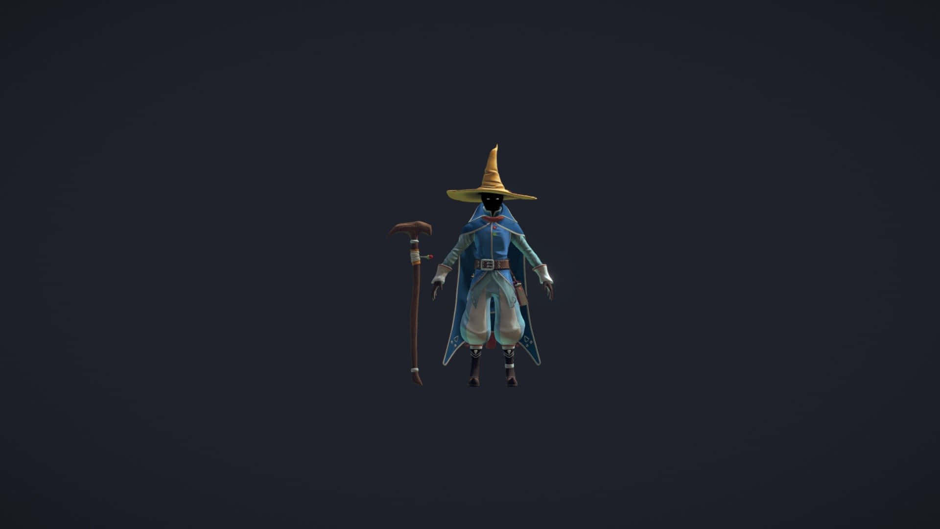  壁紙 — 一個風格化的巫師，身穿藍色長袍和尖頂帽，手持法杖，背景為深色漸變。