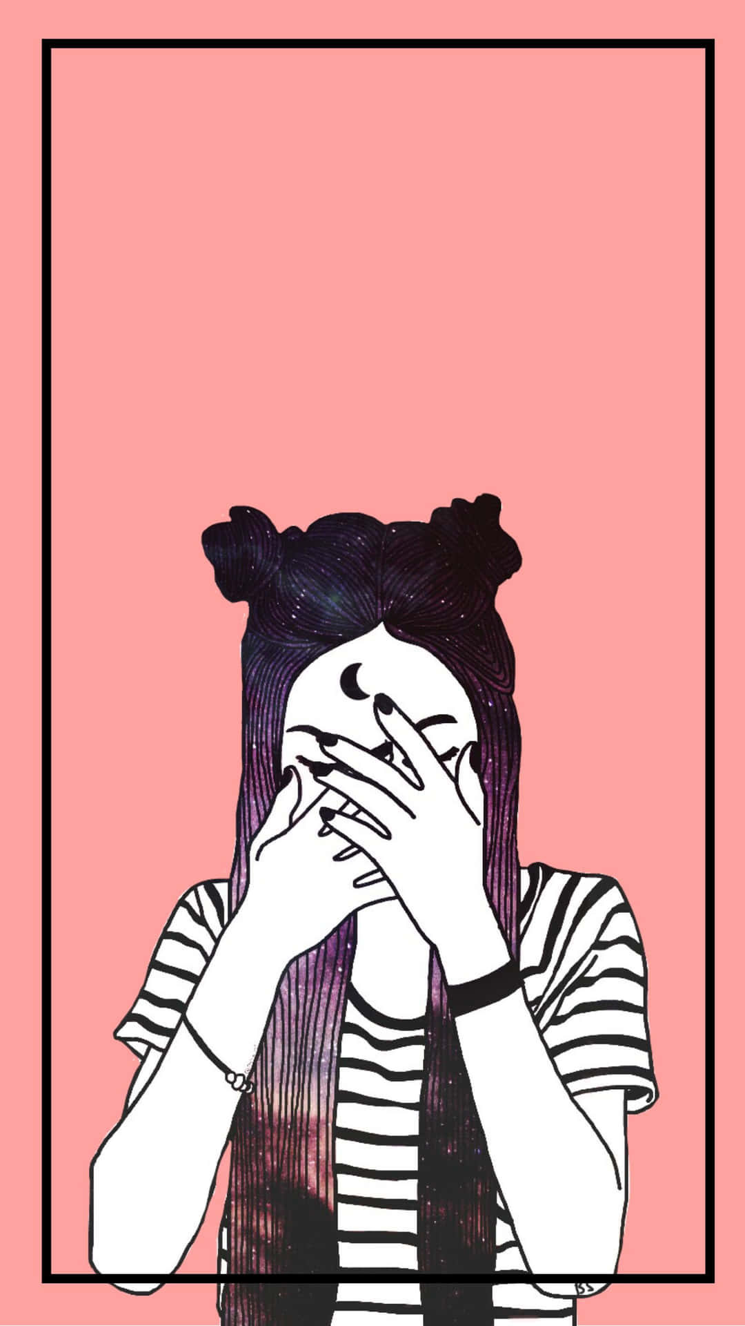 在粉紅色插圖框架中，擁有宇宙頭髮的女孩遮住臉。