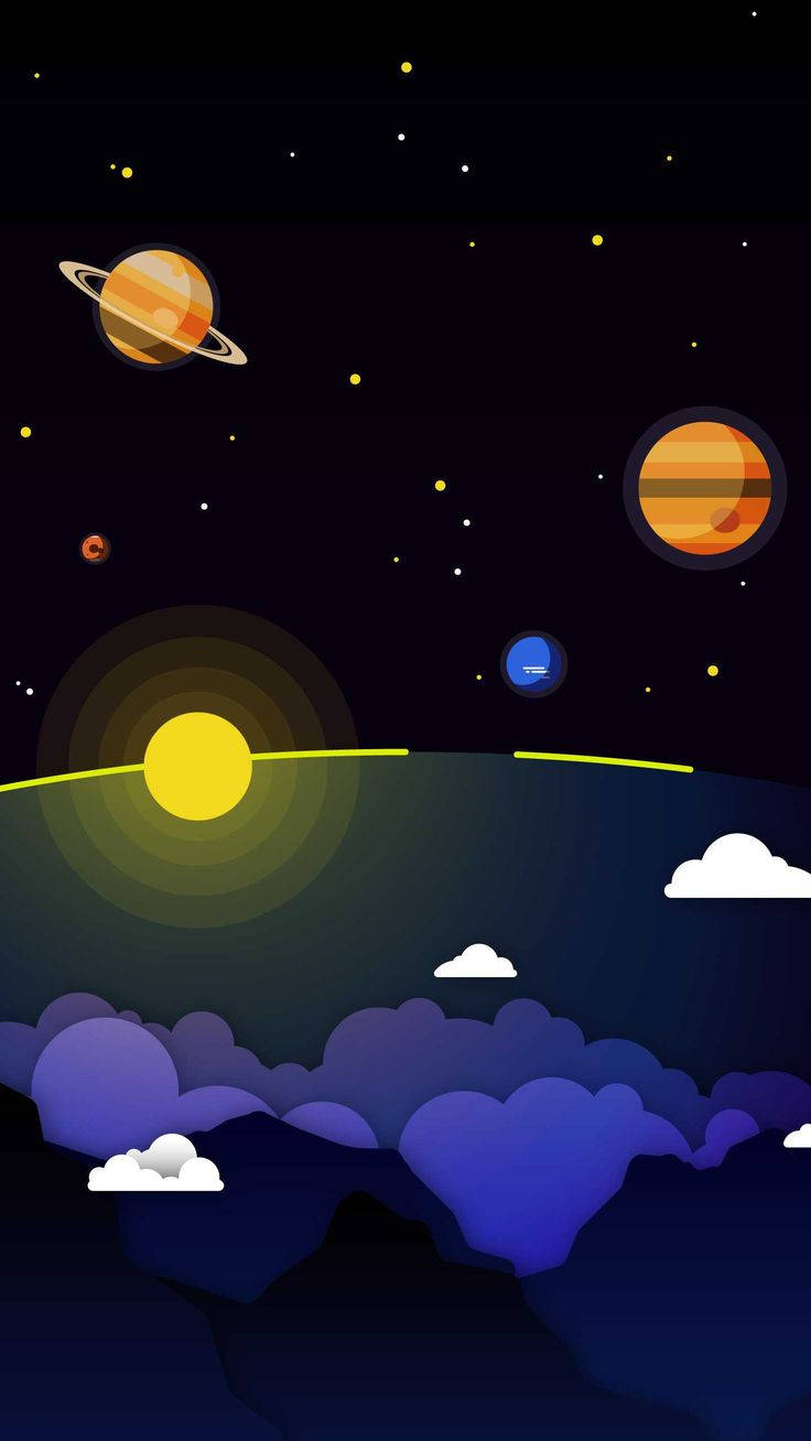 一個色彩繽紛的太空場景，紫色雲層地平線上方有行星和星星。