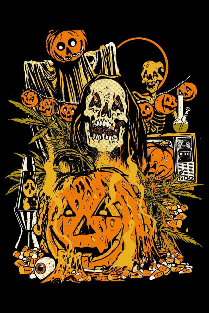  壁紙 — 一個風格化的萬聖節插圖，中央有一個骷髏頭，帶有正在融化的傑克南瓜燈，周圍環繞著南瓜、骷髏和復古裝飾。